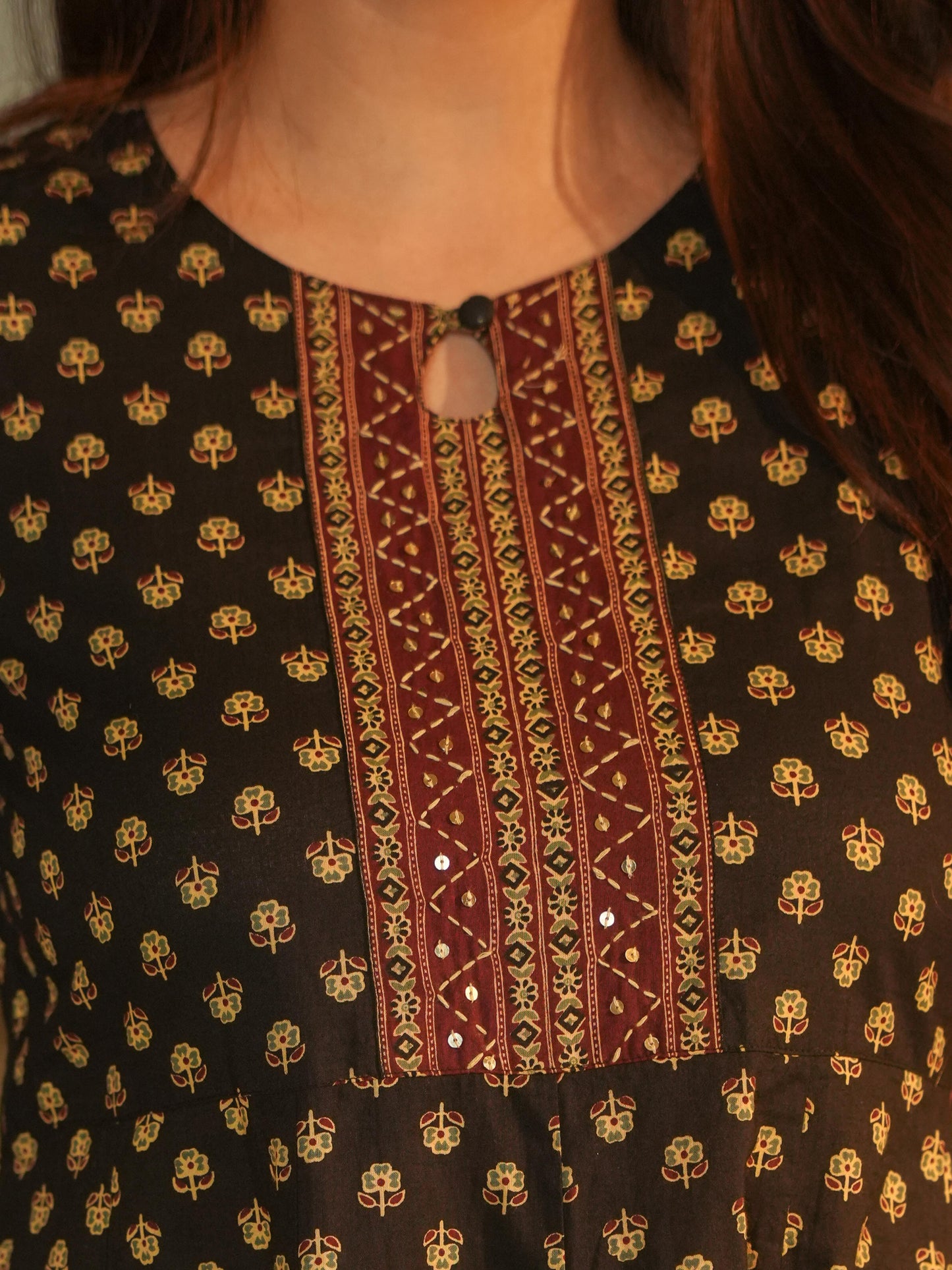Embroidered Soft Cotton Butti Anarkali Black Kurta