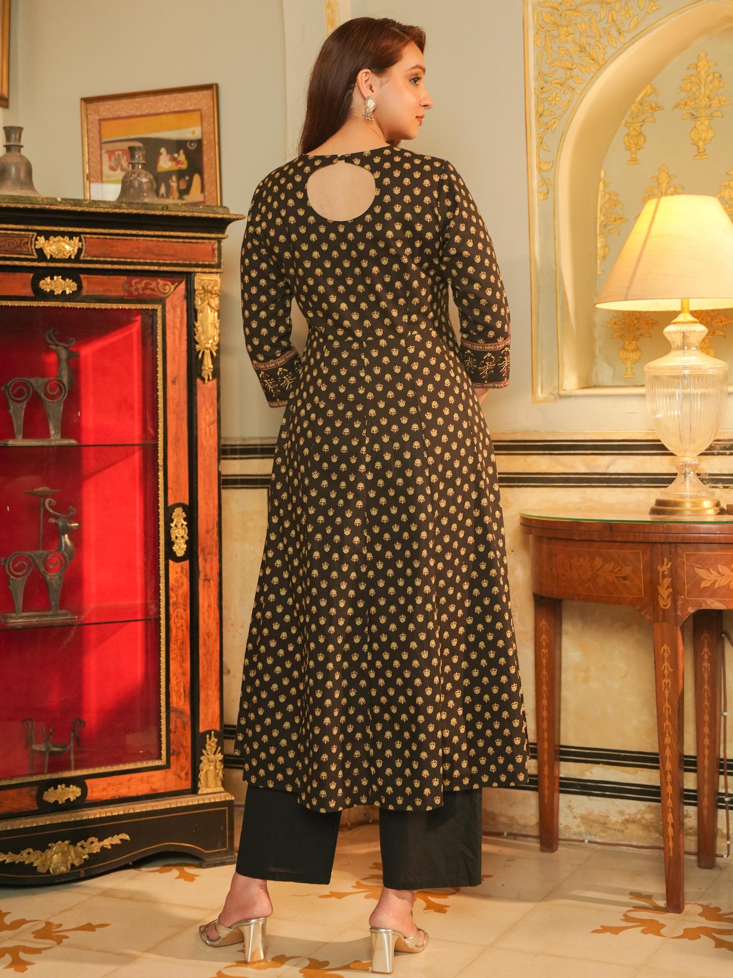 Embroidered Soft Cotton Butti Anarkali Black Kurta