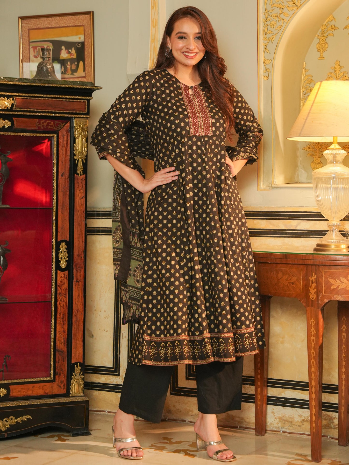 Embroidered Soft Cotton Butti Anarkali Black Kurta