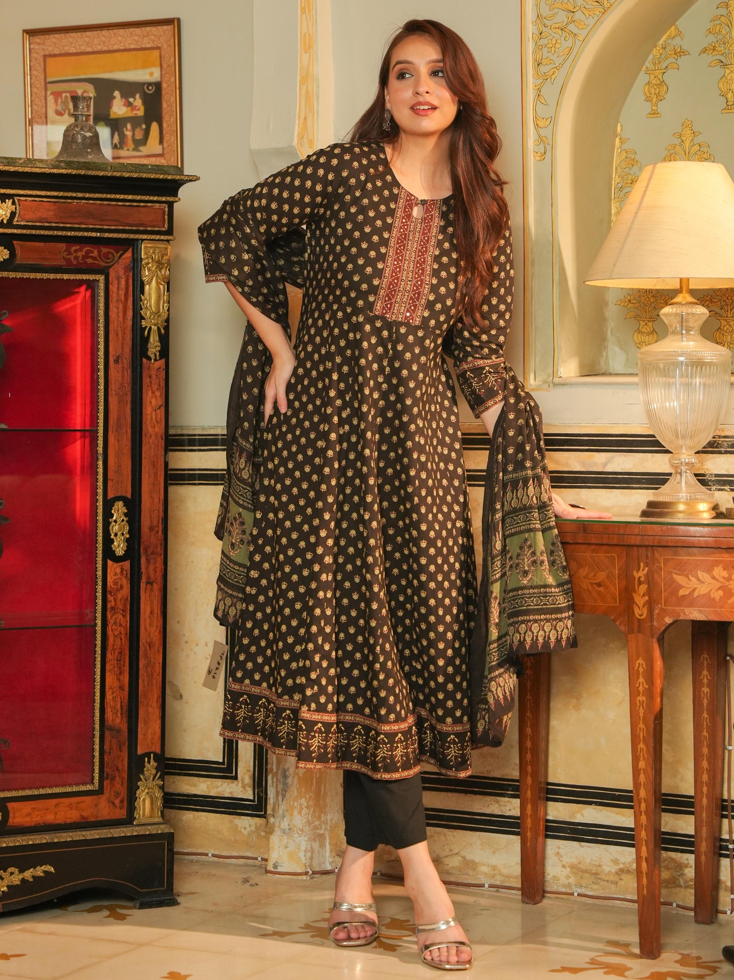 Embroidered Soft Cotton Butti Anarkali Black Kurta
