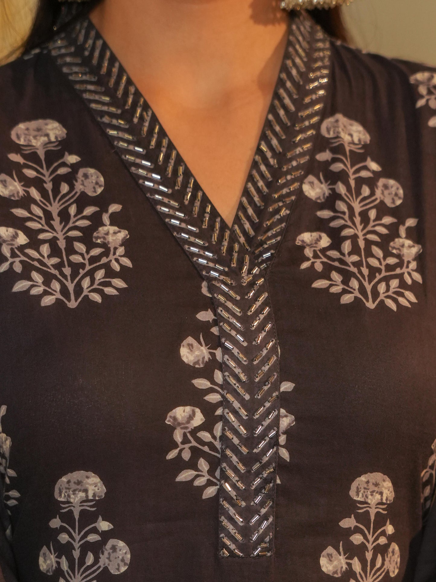 Soft Cotton Abstract A-line Grey Kurta