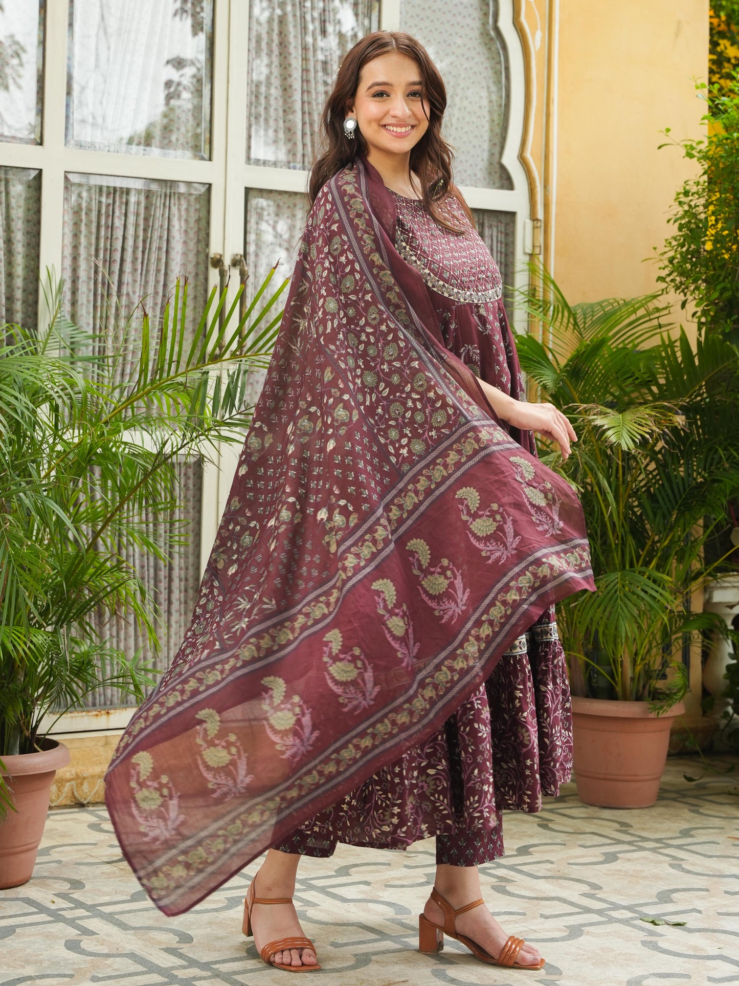Cotton Voile Floral Maroon Dupatta