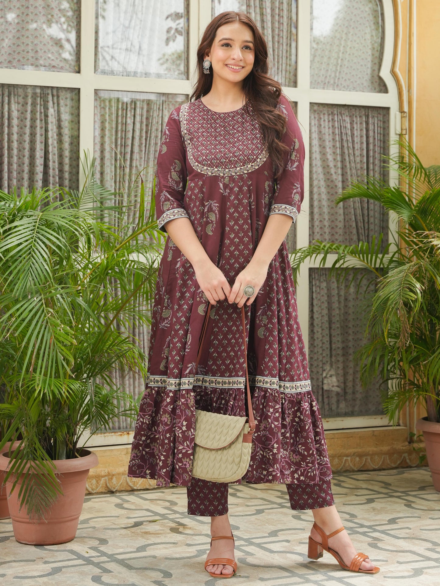 Embroidered Soft Cotton Floral Anarkali Maroon Kurta
