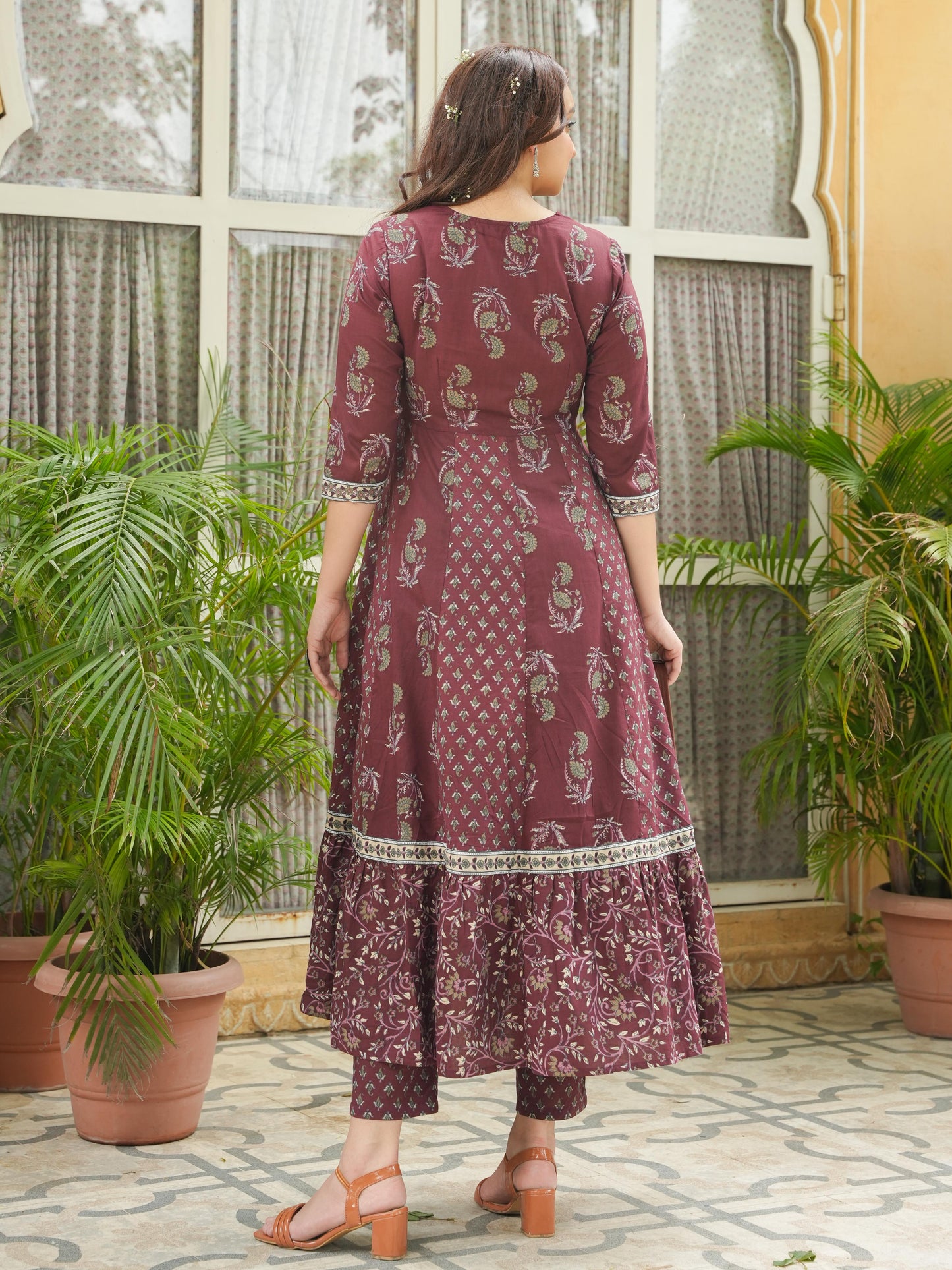 Embroidered Soft Cotton Floral Anarkali Maroon Kurta