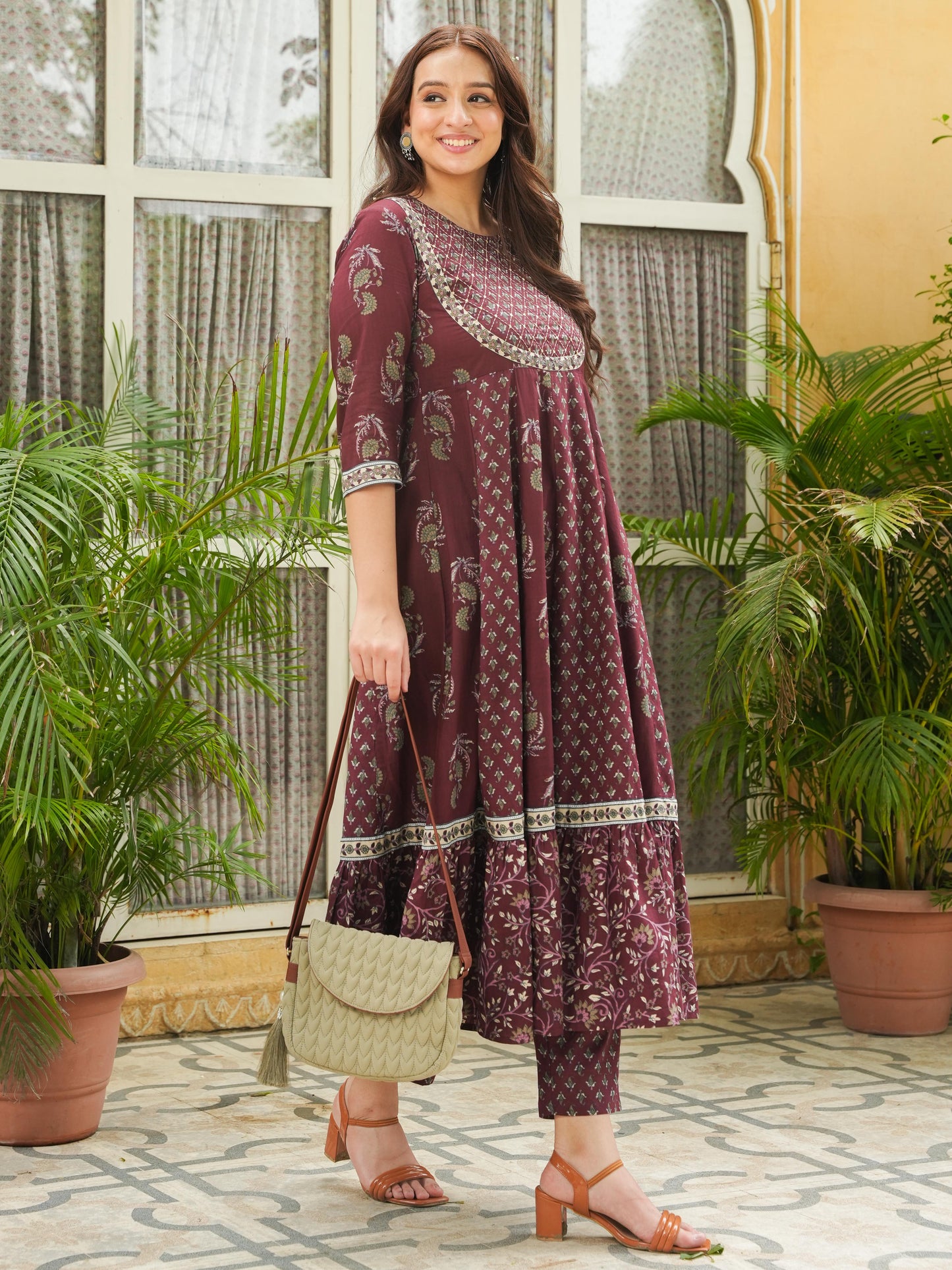 Embroidered Soft Cotton Floral Anarkali Maroon Kurta