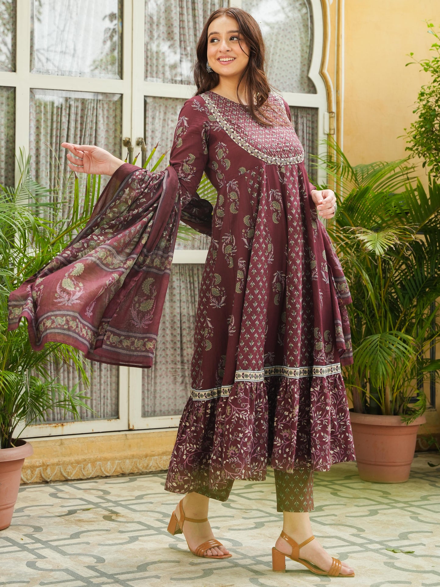 Embroidered Soft Cotton Floral Anarkali Maroon Kurta