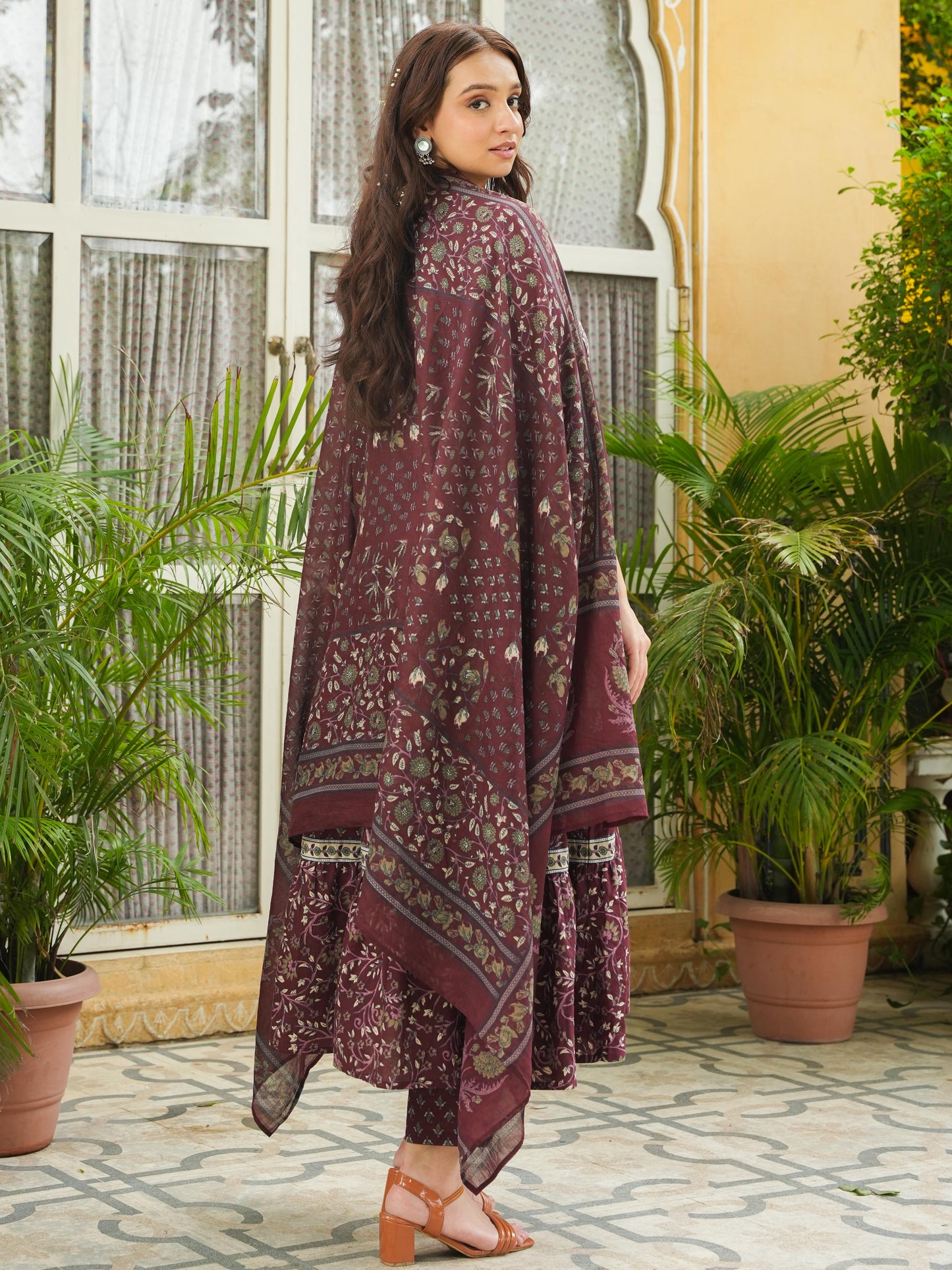 Embroidered Soft Cotton Floral Anarkali Maroon Kurta