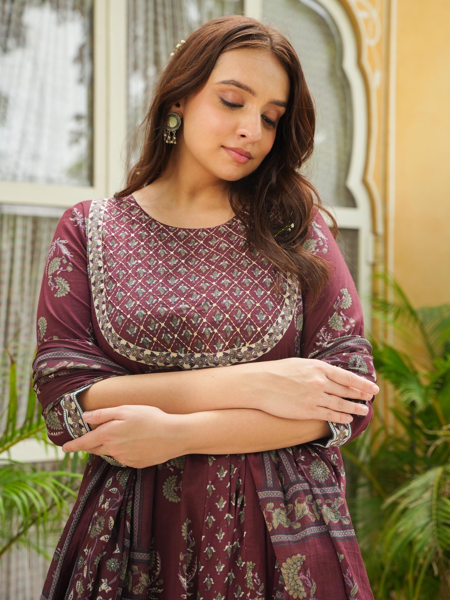 Embroidered Soft Cotton Floral Anarkali Maroon Kurta