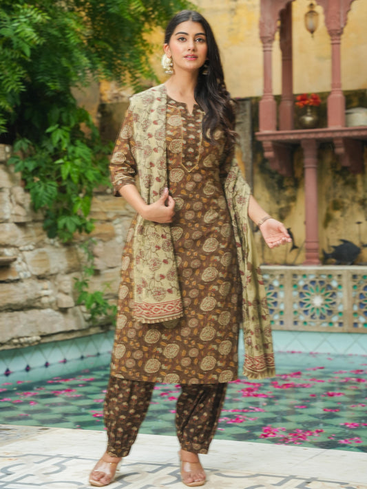 Soft Cotton Floral Straight Brown Kurta