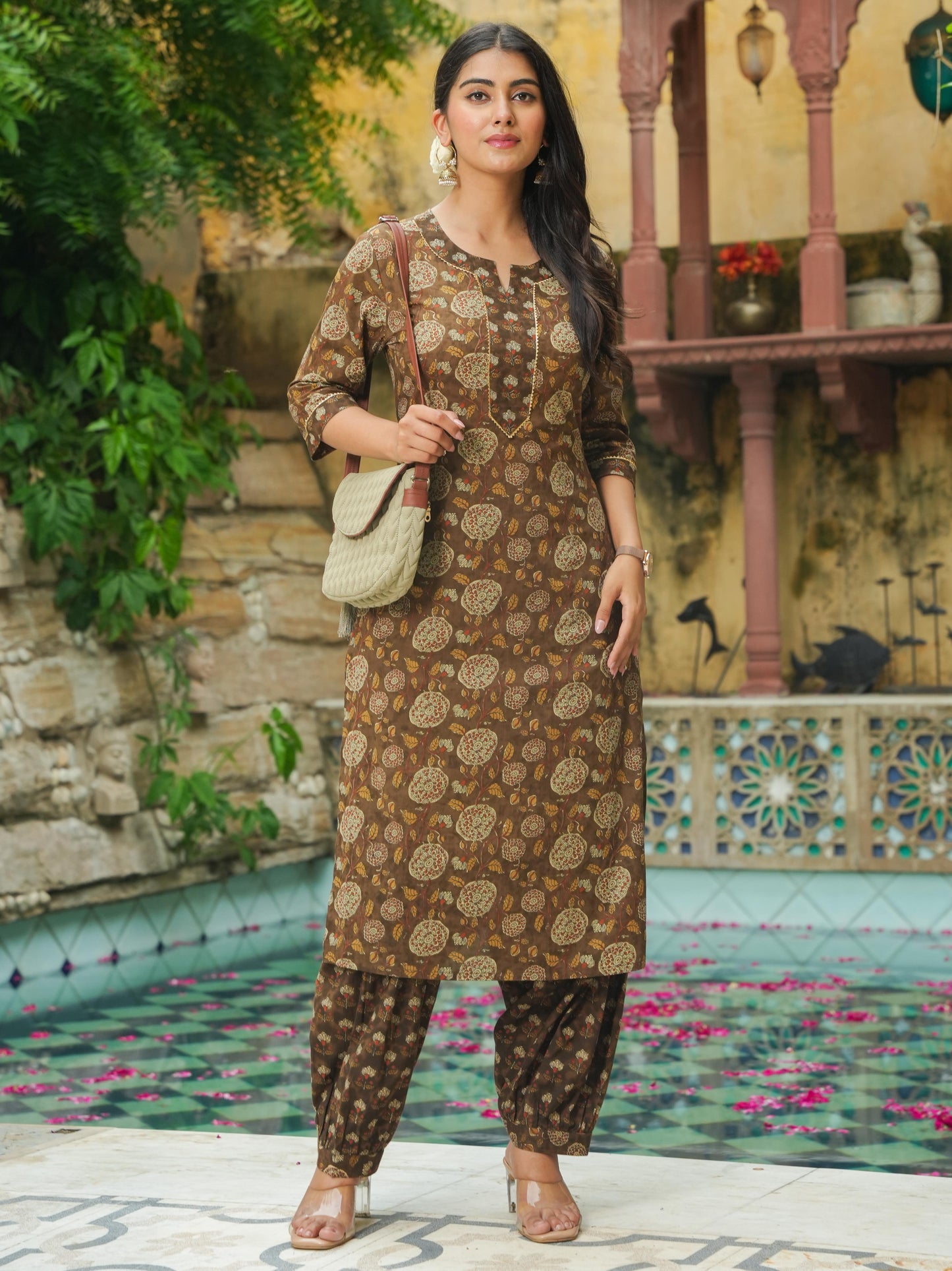 Soft Cotton Floral Straight Brown Kurta