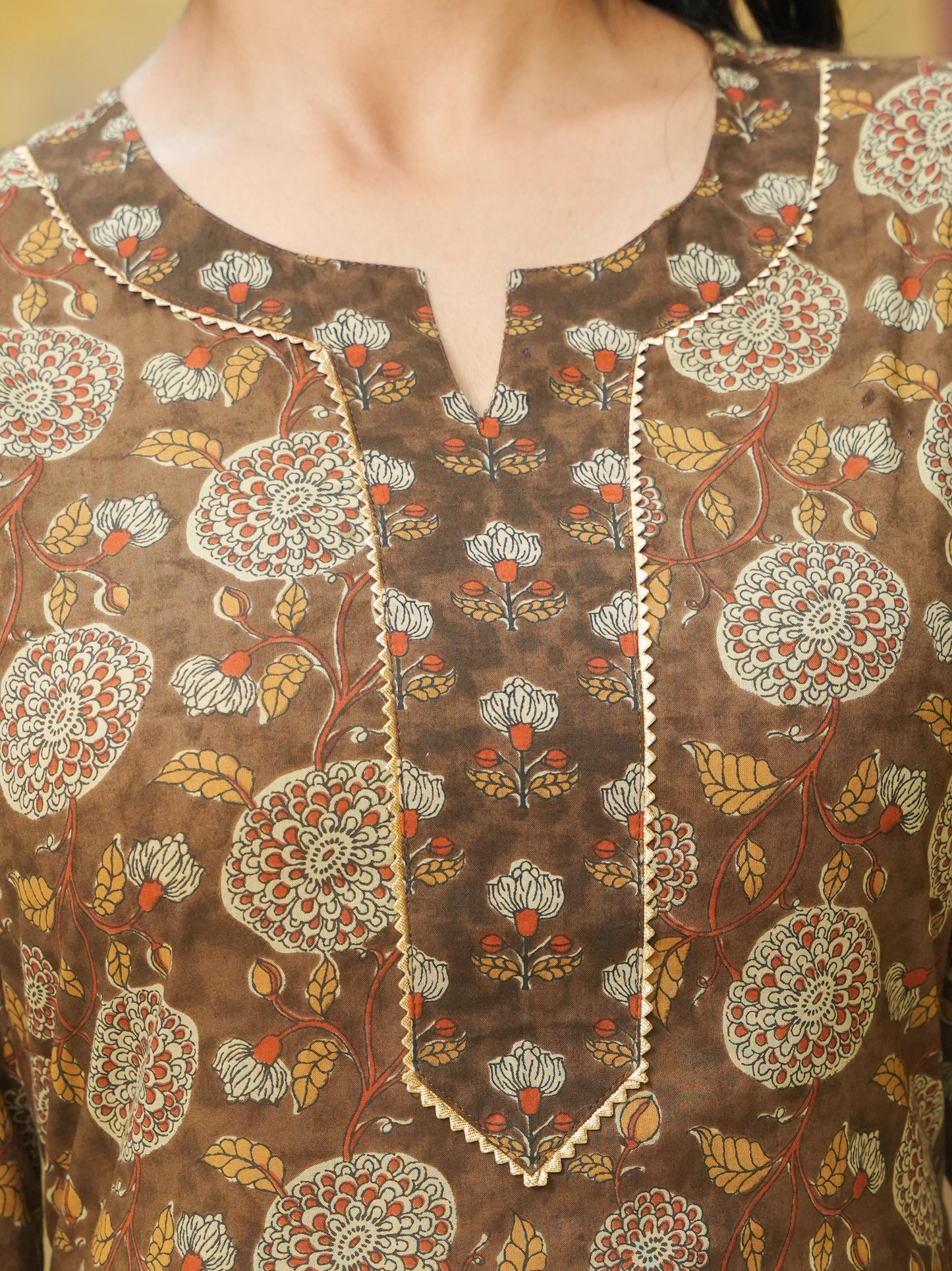 Soft Cotton Floral Straight Brown Kurta