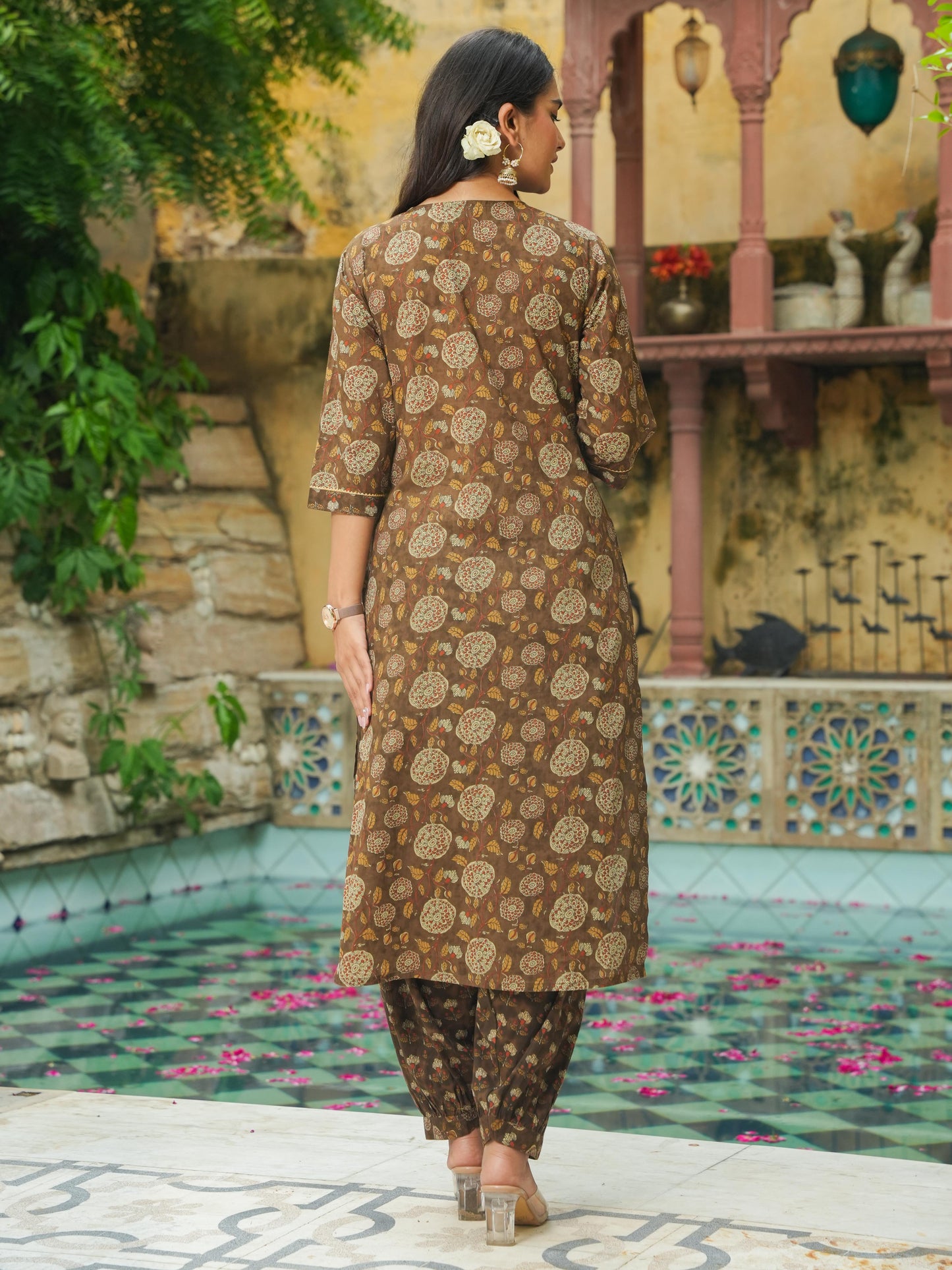 Soft Cotton Floral Straight Brown Kurta