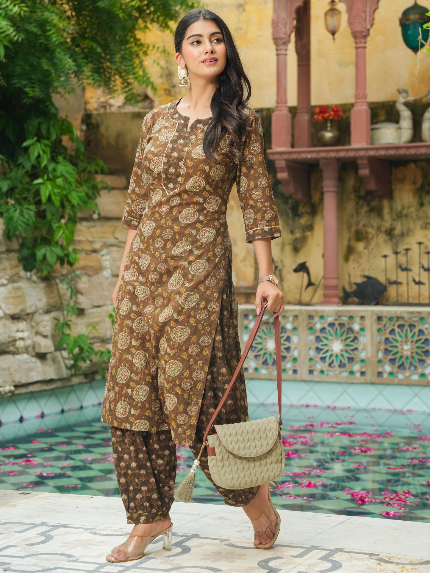 Soft Cotton Floral Straight Brown Kurta