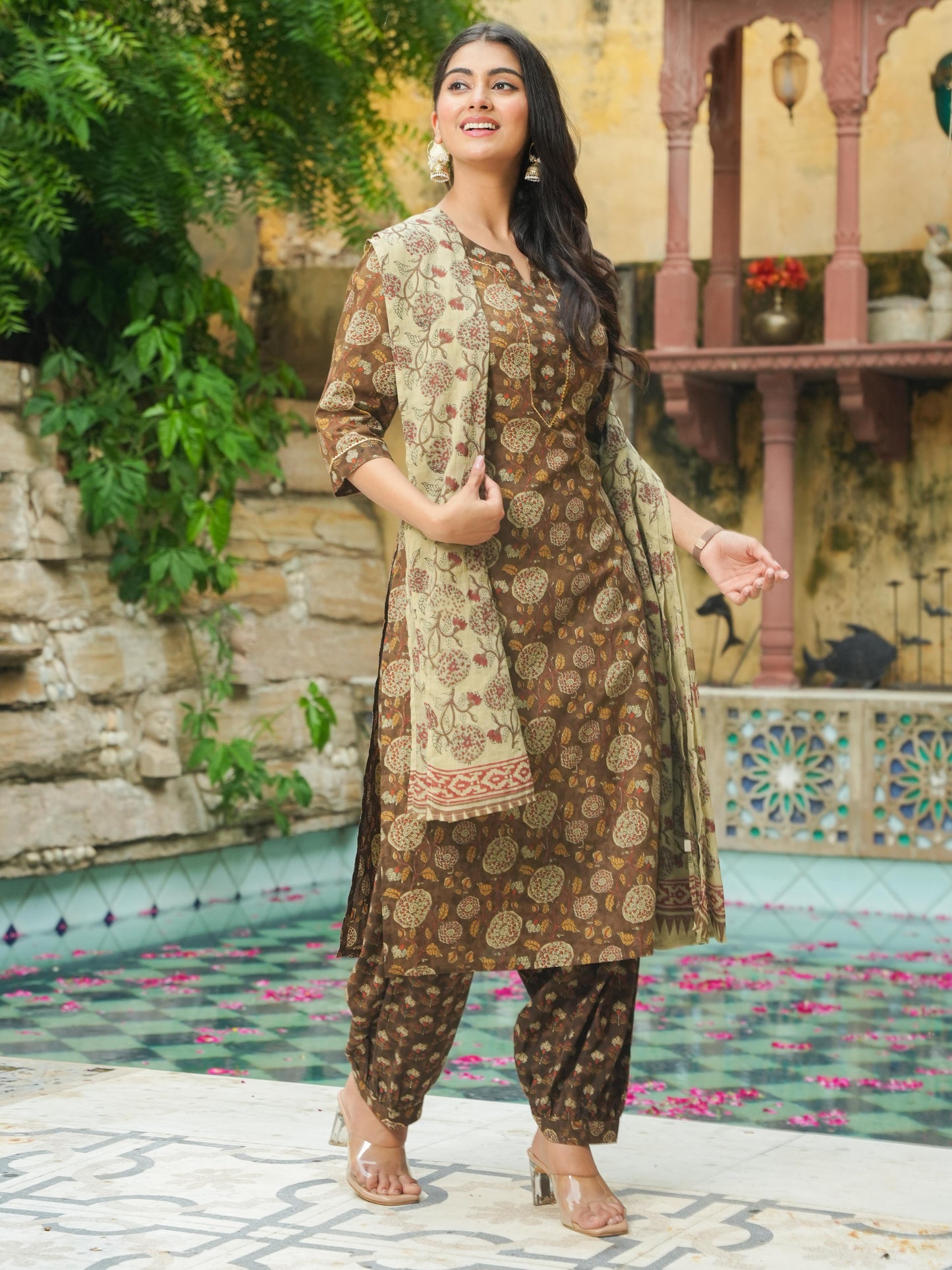 Soft Cotton Floral Straight Brown Kurta