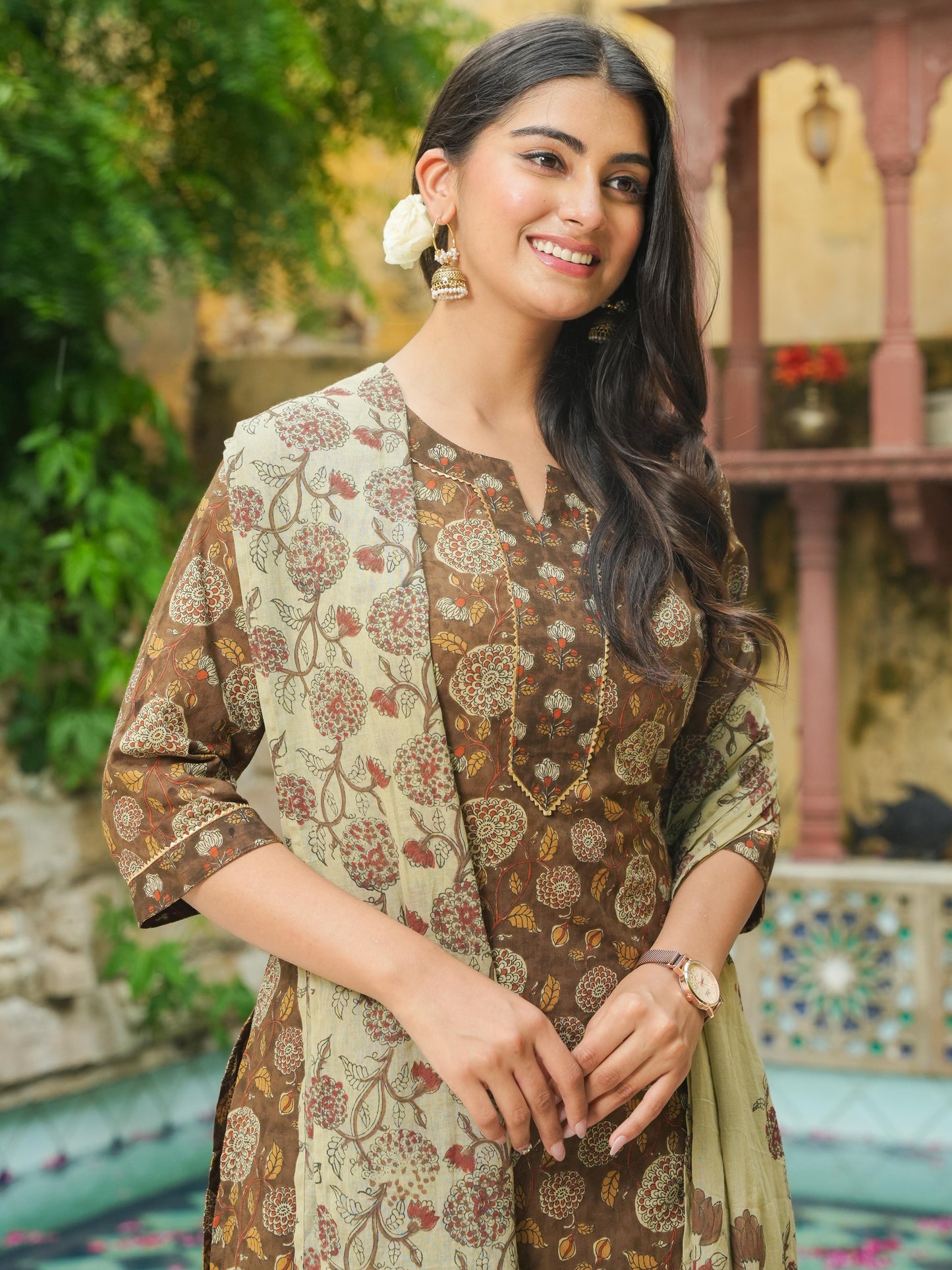 Soft Cotton Floral Straight Brown Kurta