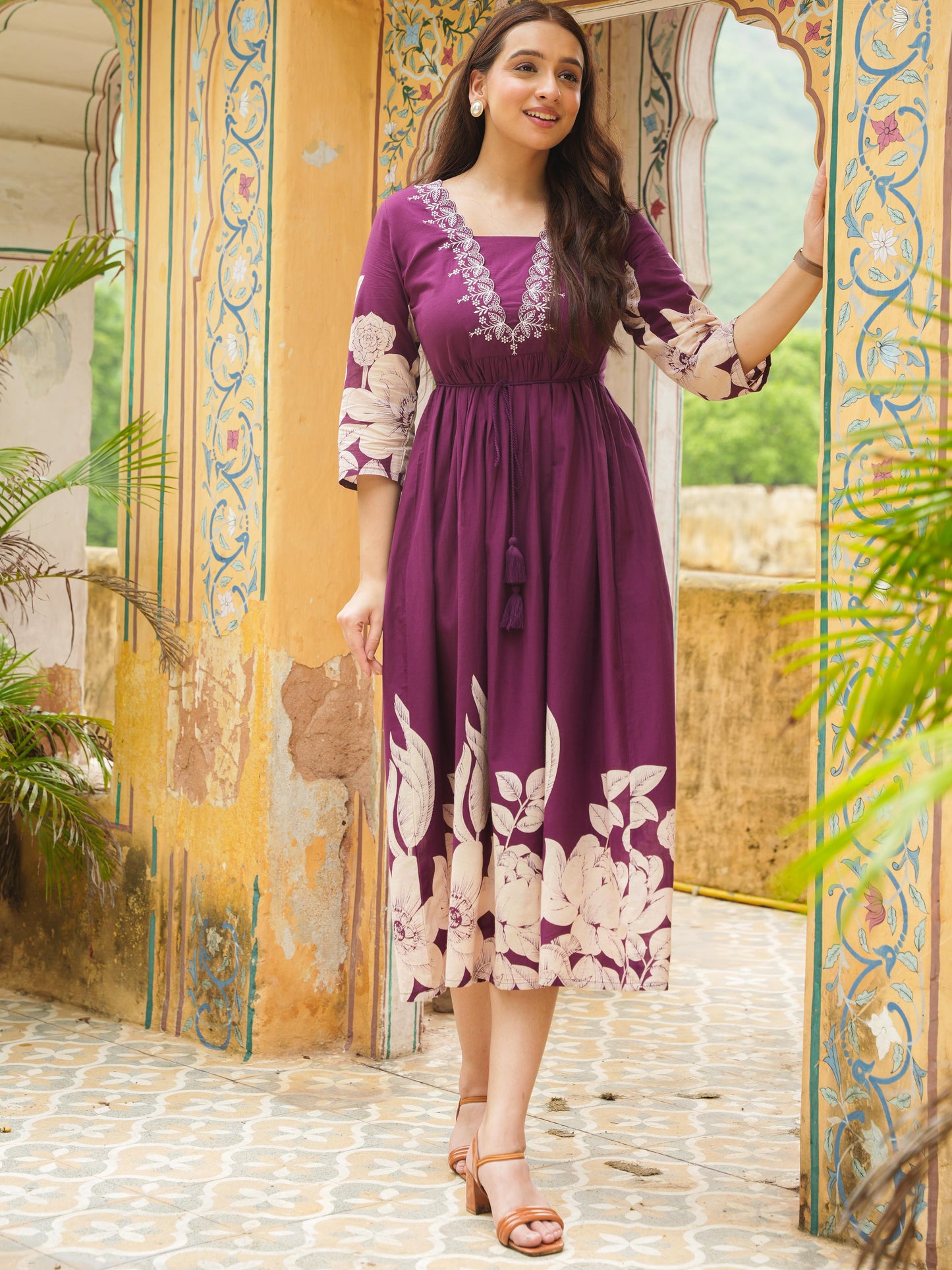 Embroidered Soft Cotton Placement Print Flared Wine Dress