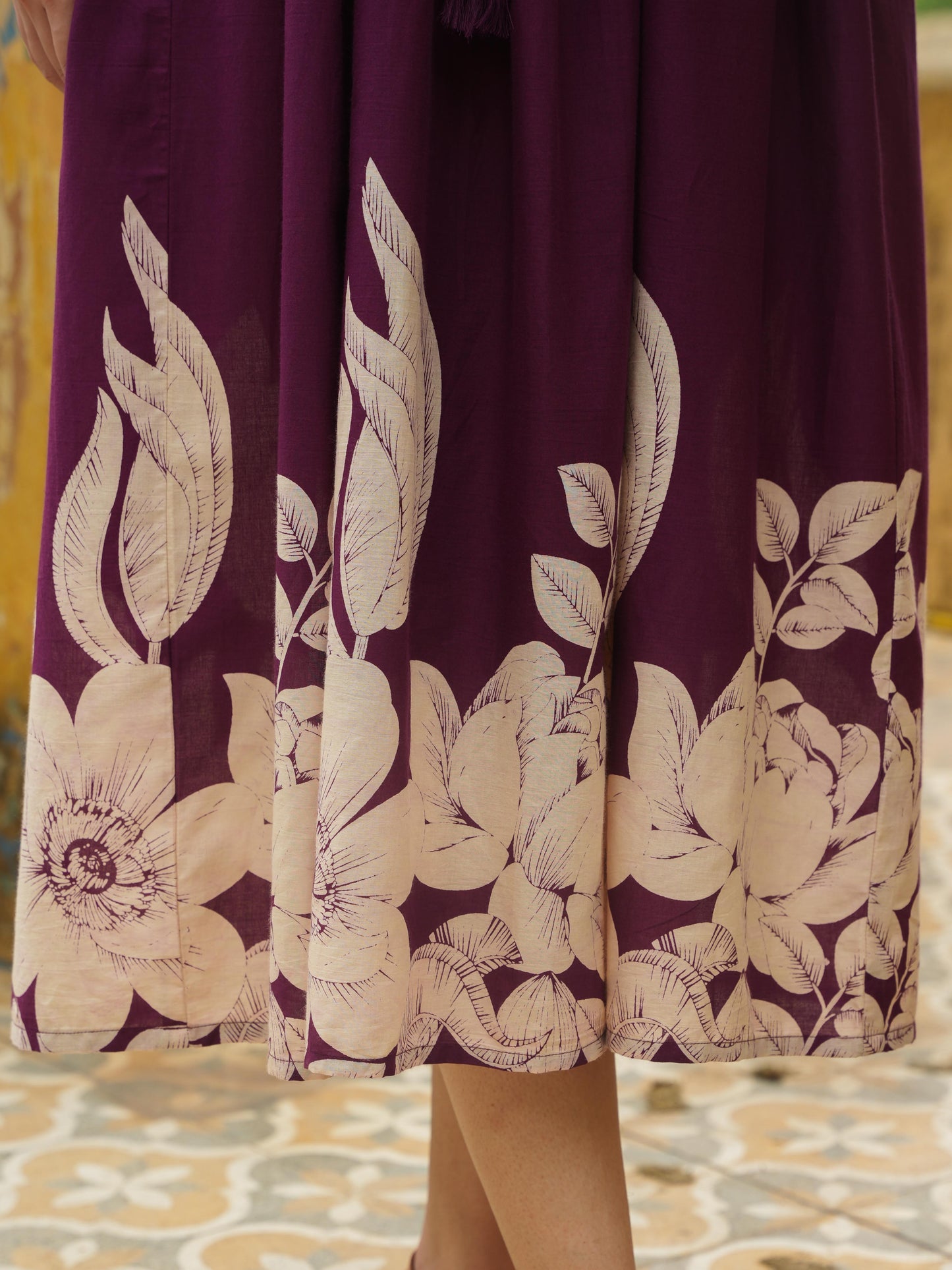 Embroidered Soft Cotton Placement Print Flared Wine Dress