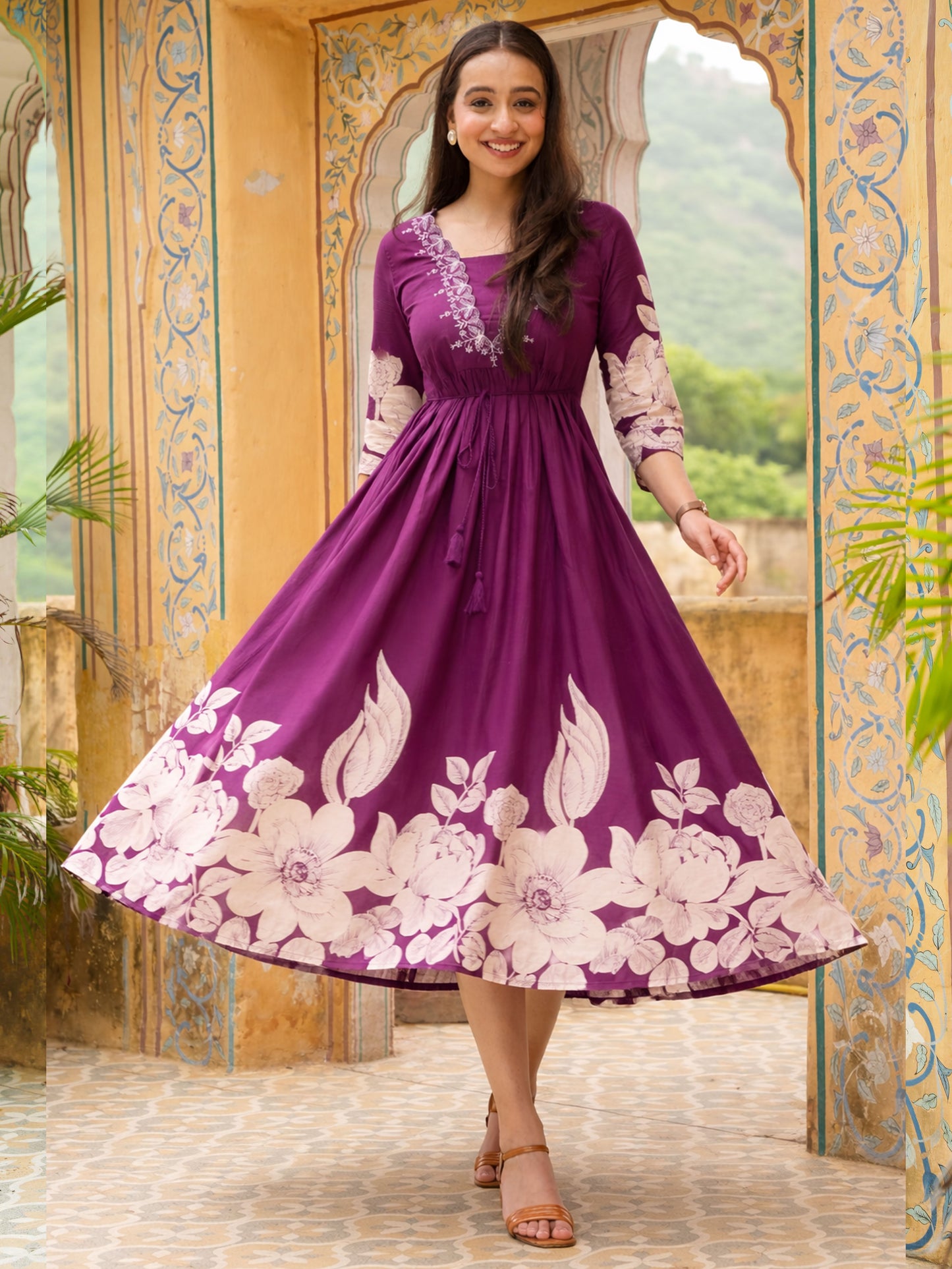 Embroidered Soft Cotton Placement Print Flared Wine Dress