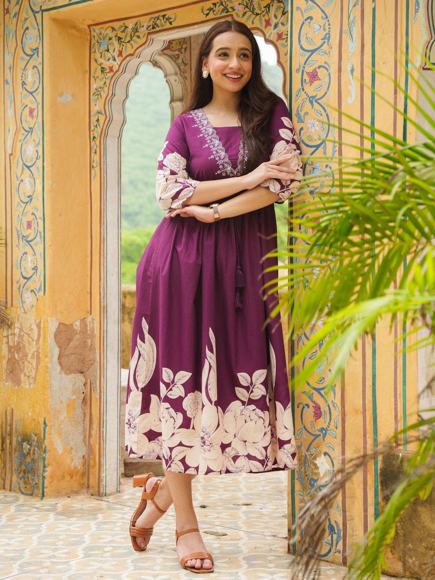 Embroidered Soft Cotton Placement Print Flared Wine Dress