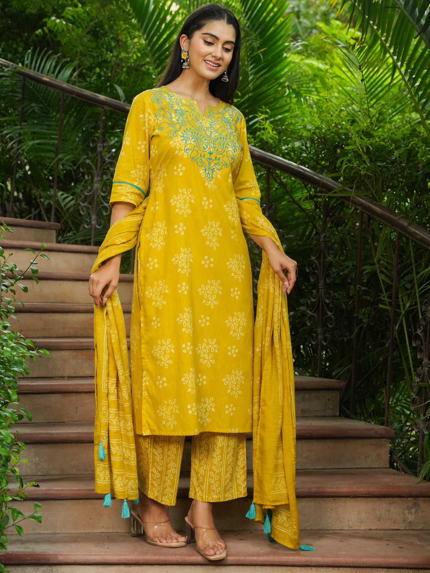 Embroidered Soft Cotton Bandhani Straight Yellow Kurta