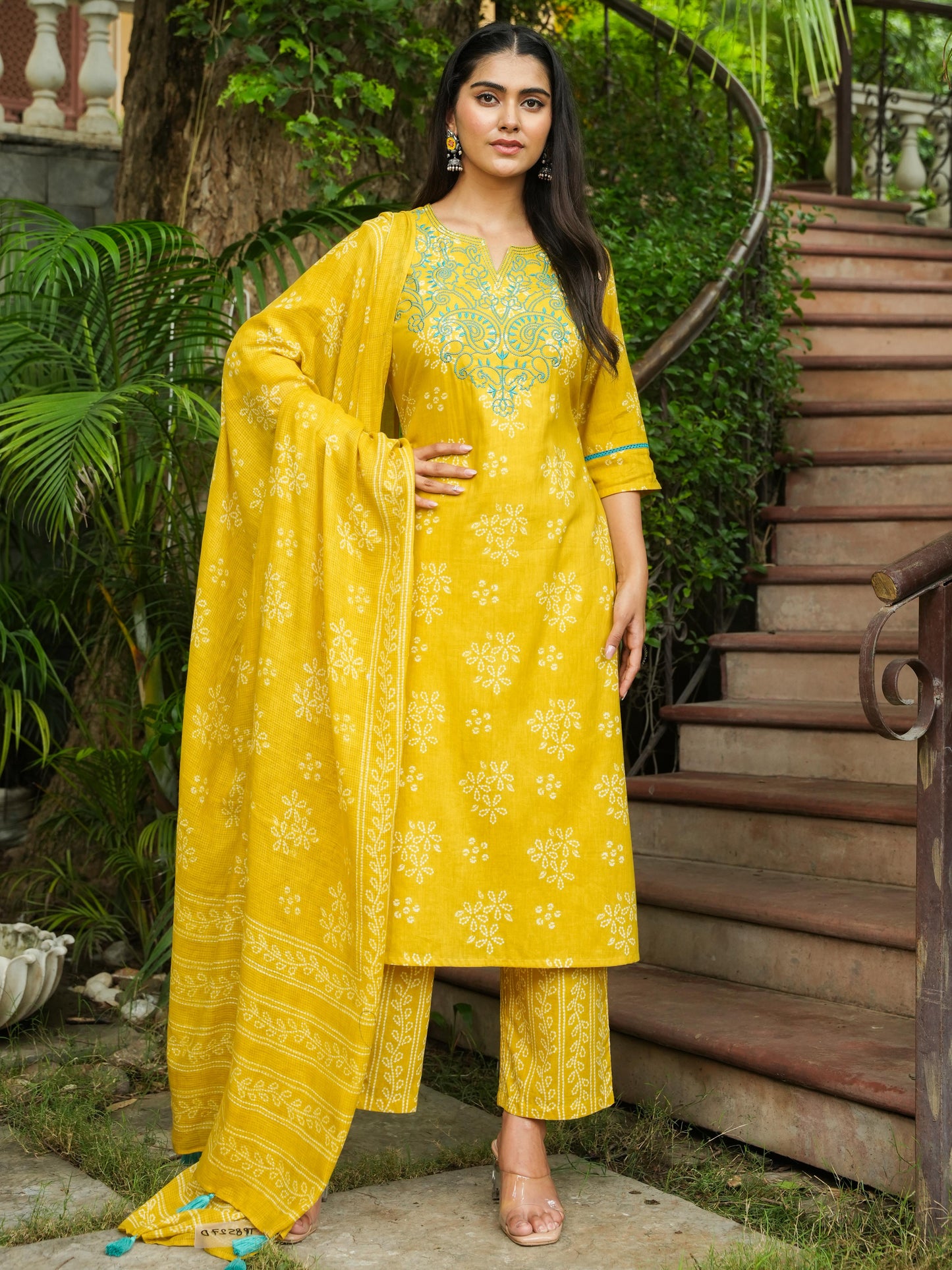 Embroidered Soft Cotton Bandhani Straight Yellow Kurta