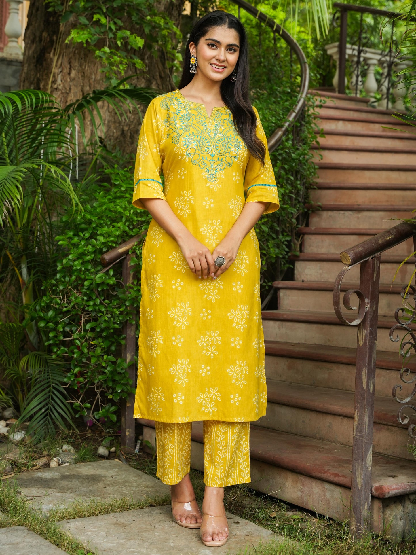 Embroidered Soft Cotton Bandhani Straight Yellow Kurta