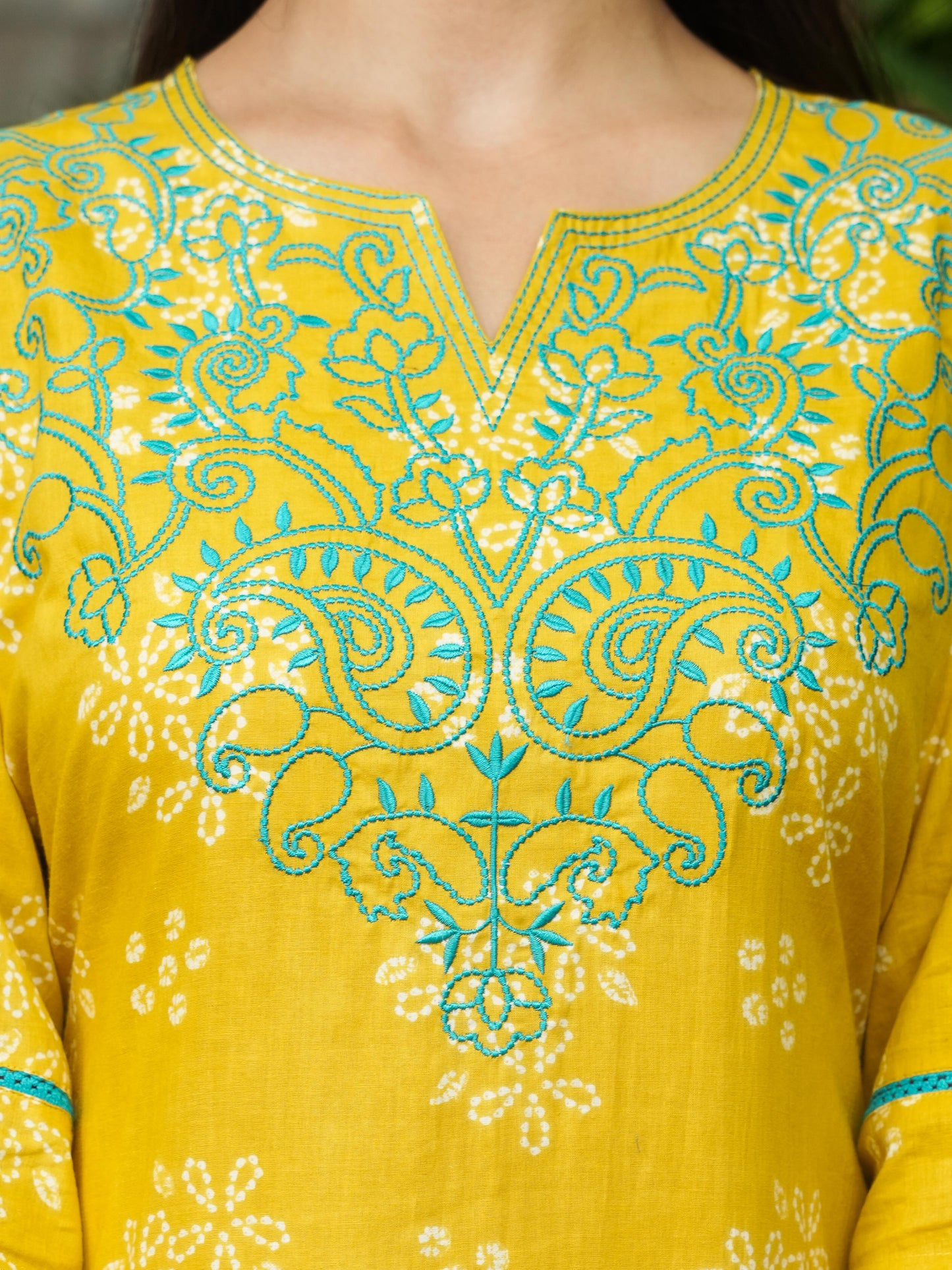 Embroidered Soft Cotton Bandhani Straight Yellow Kurta