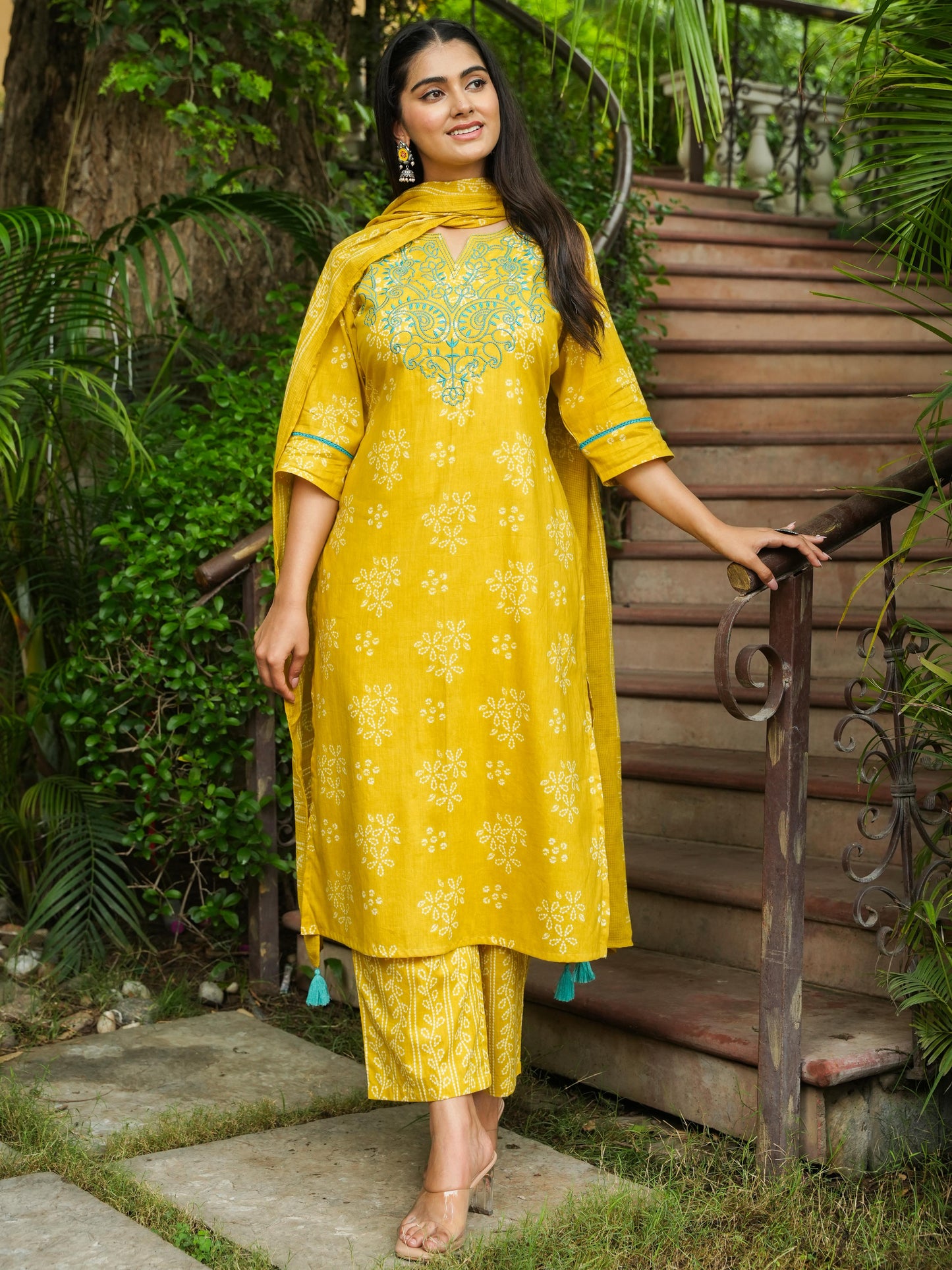 Embroidered Soft Cotton Bandhani Straight Yellow Kurta