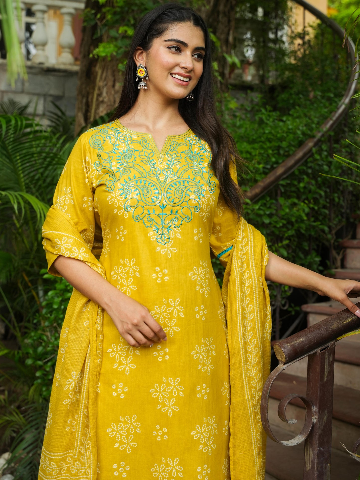 Embroidered Soft Cotton Bandhani Straight Yellow Kurta