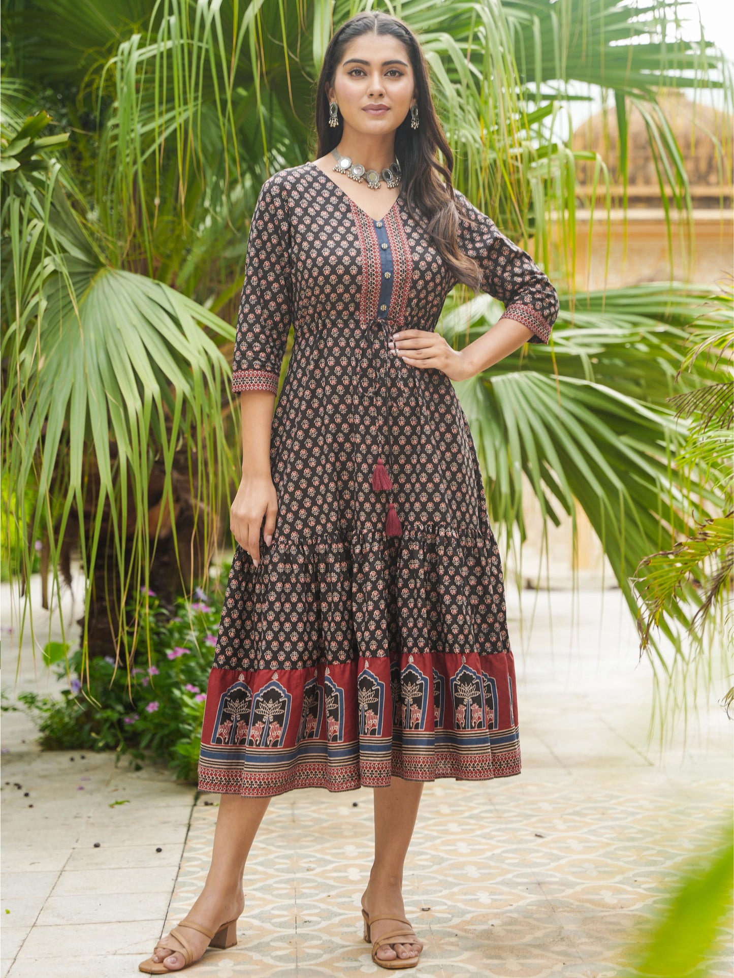 Soft Cotton Ajrakh Anarkali Black Dress