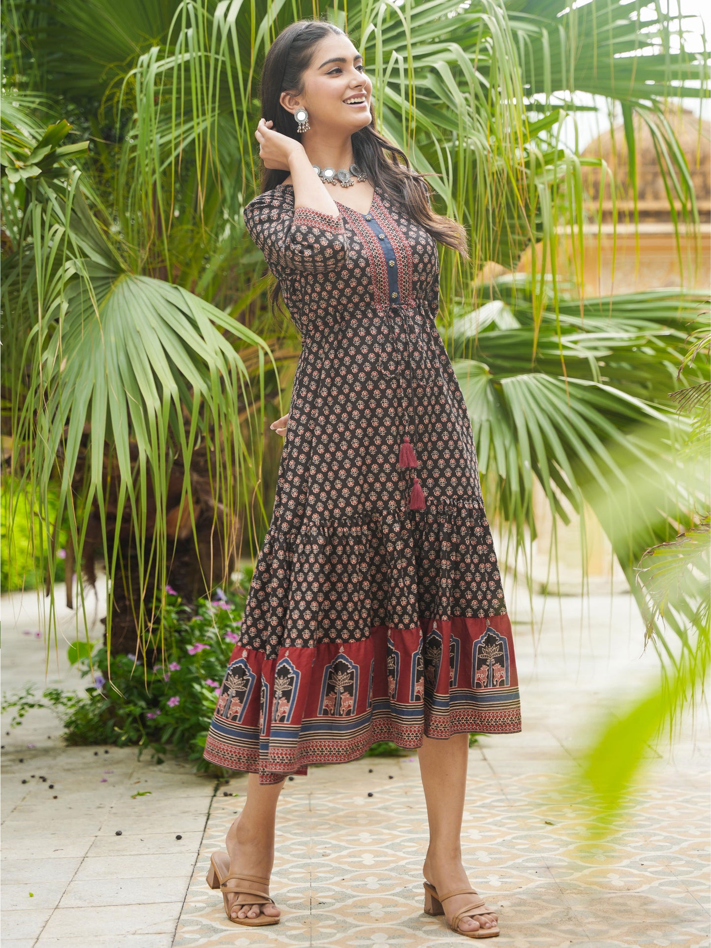 Soft Cotton Ajrakh Anarkali Black Dress