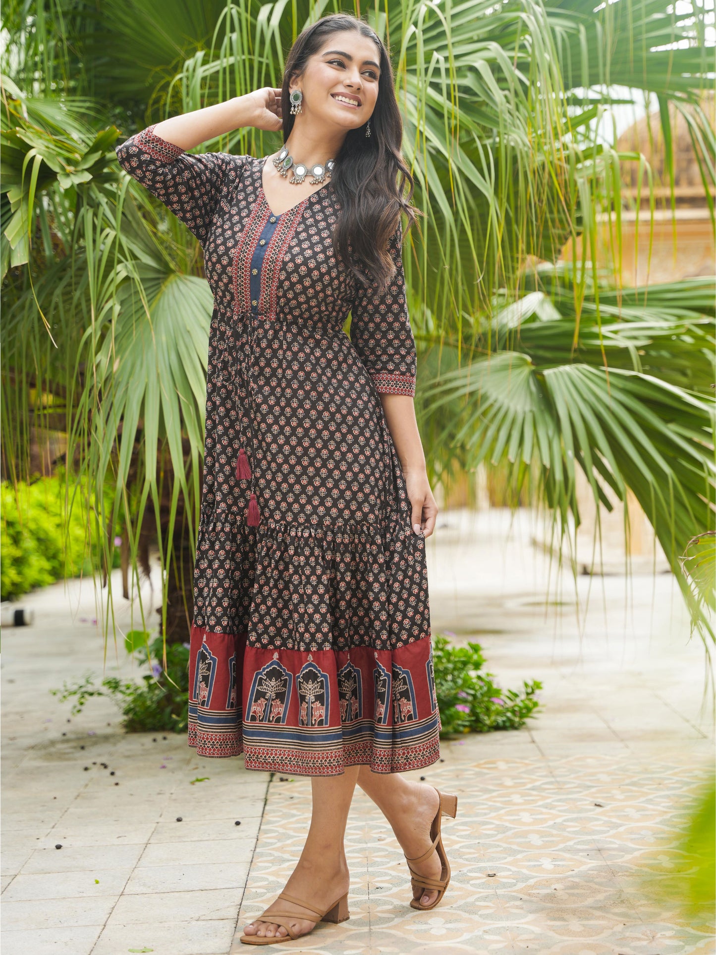 Soft Cotton Ajrakh Anarkali Black Dress