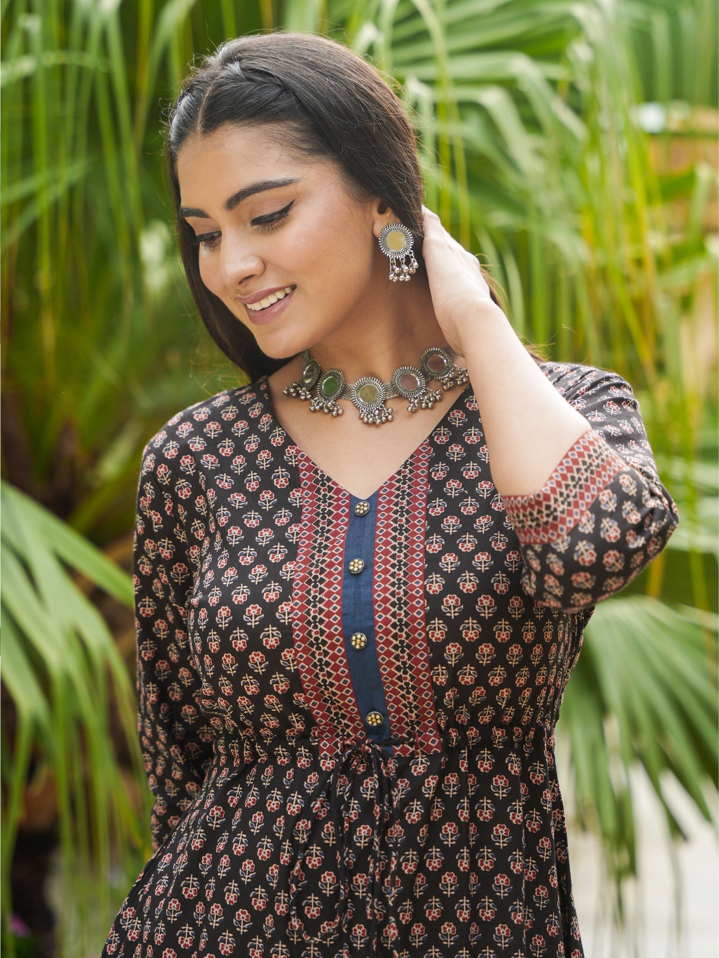 Soft Cotton Ajrakh Anarkali Black Dress