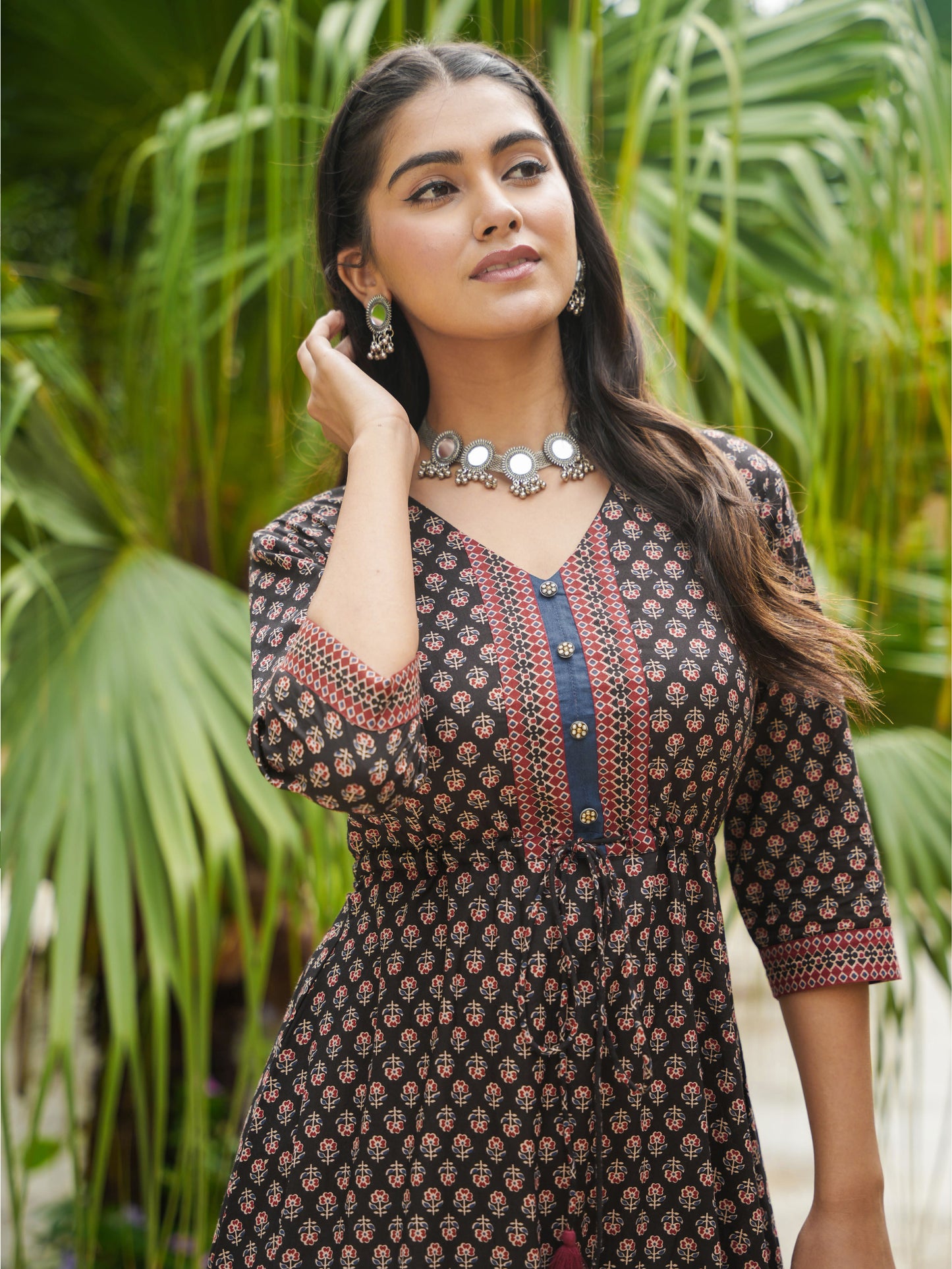 Soft Cotton Ajrakh Anarkali Black Dress