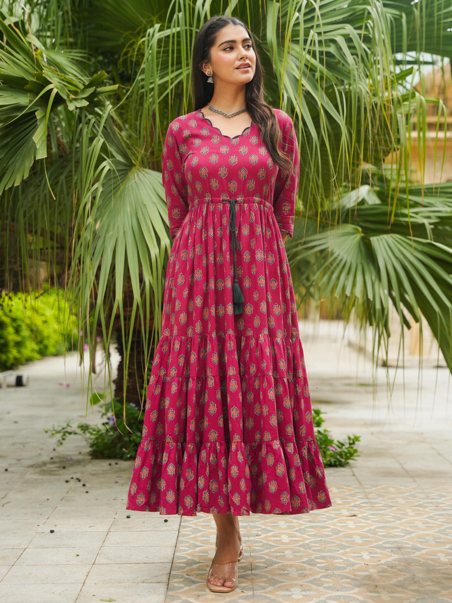 Embroidered Soft Cotton Floral Tiered Maroon Dress