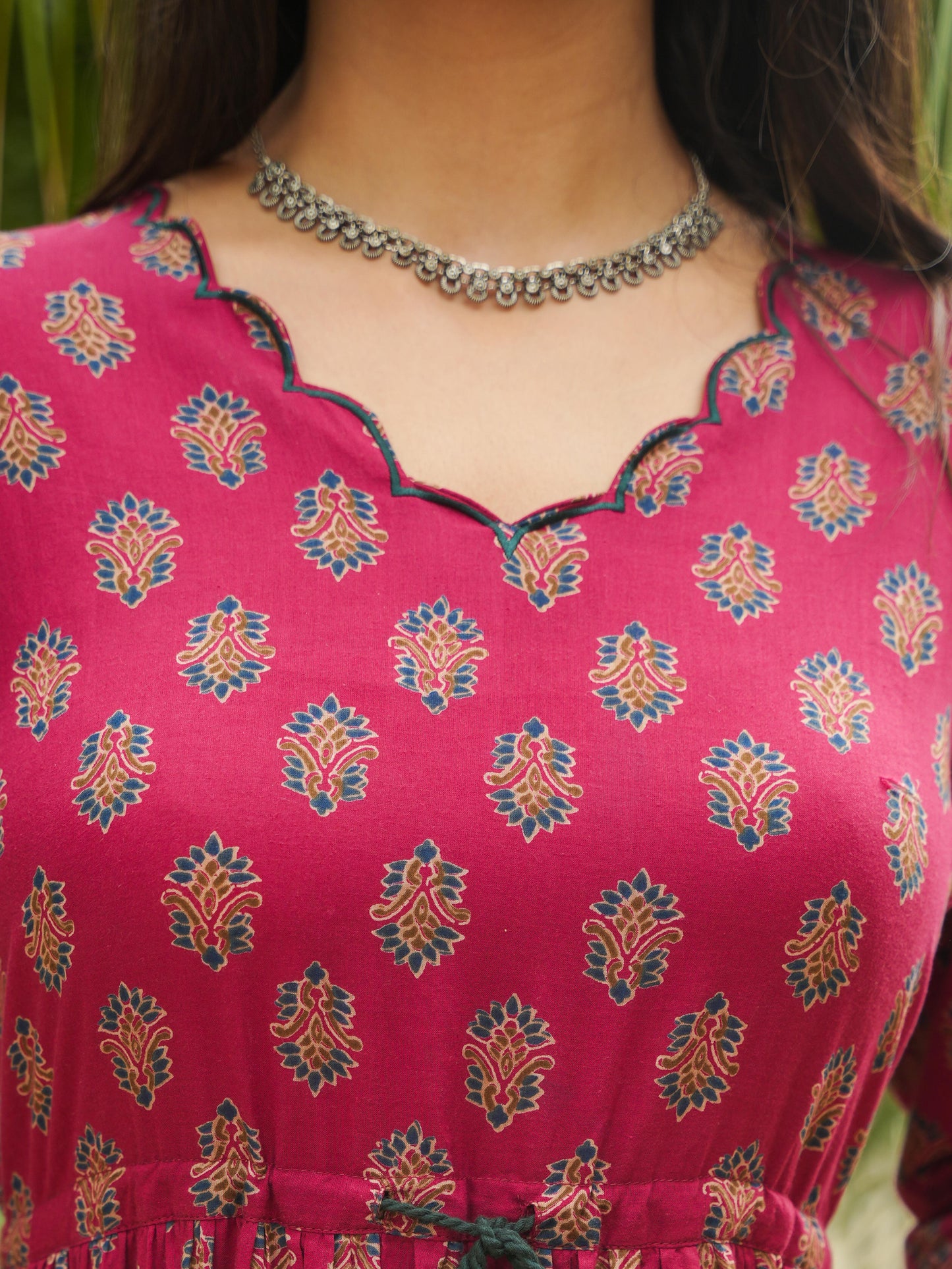 Embroidered Soft Cotton Floral Tiered Maroon Dress