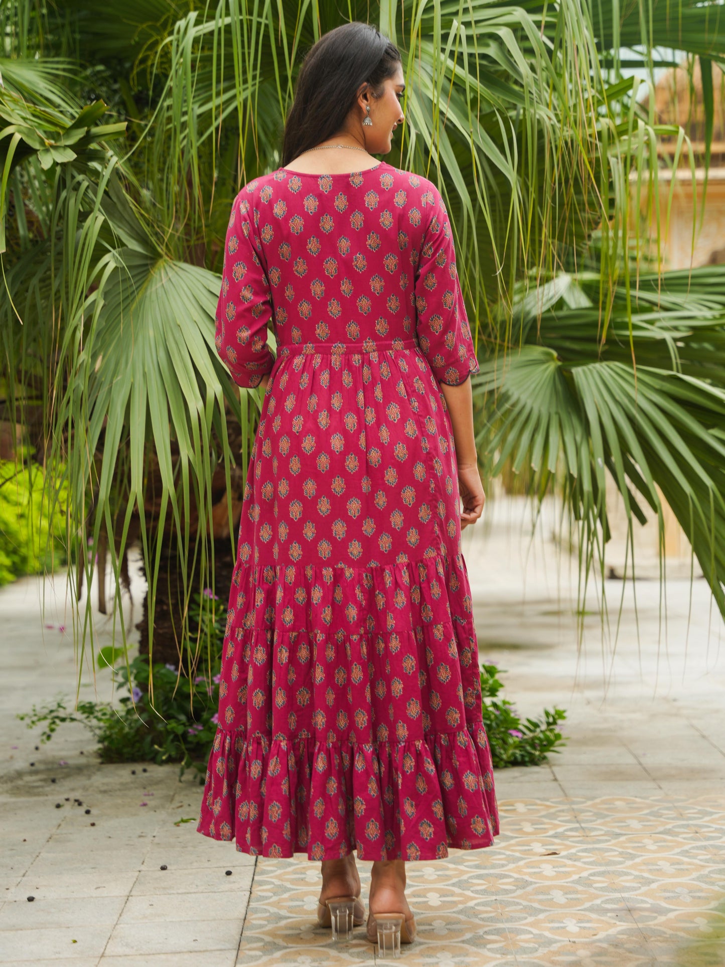 Embroidered Soft Cotton Floral Tiered Maroon Dress