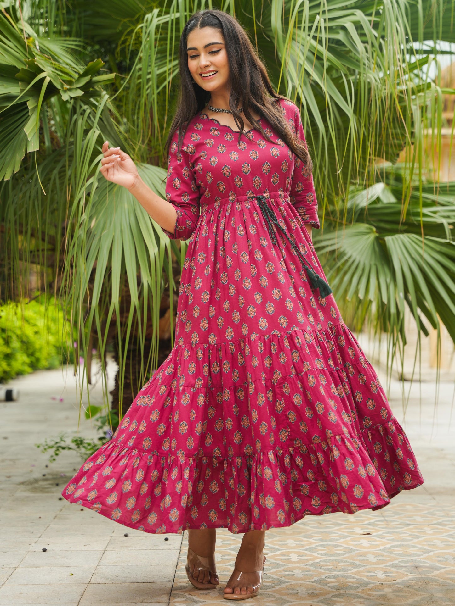 Embroidered Soft Cotton Floral Tiered Maroon Dress