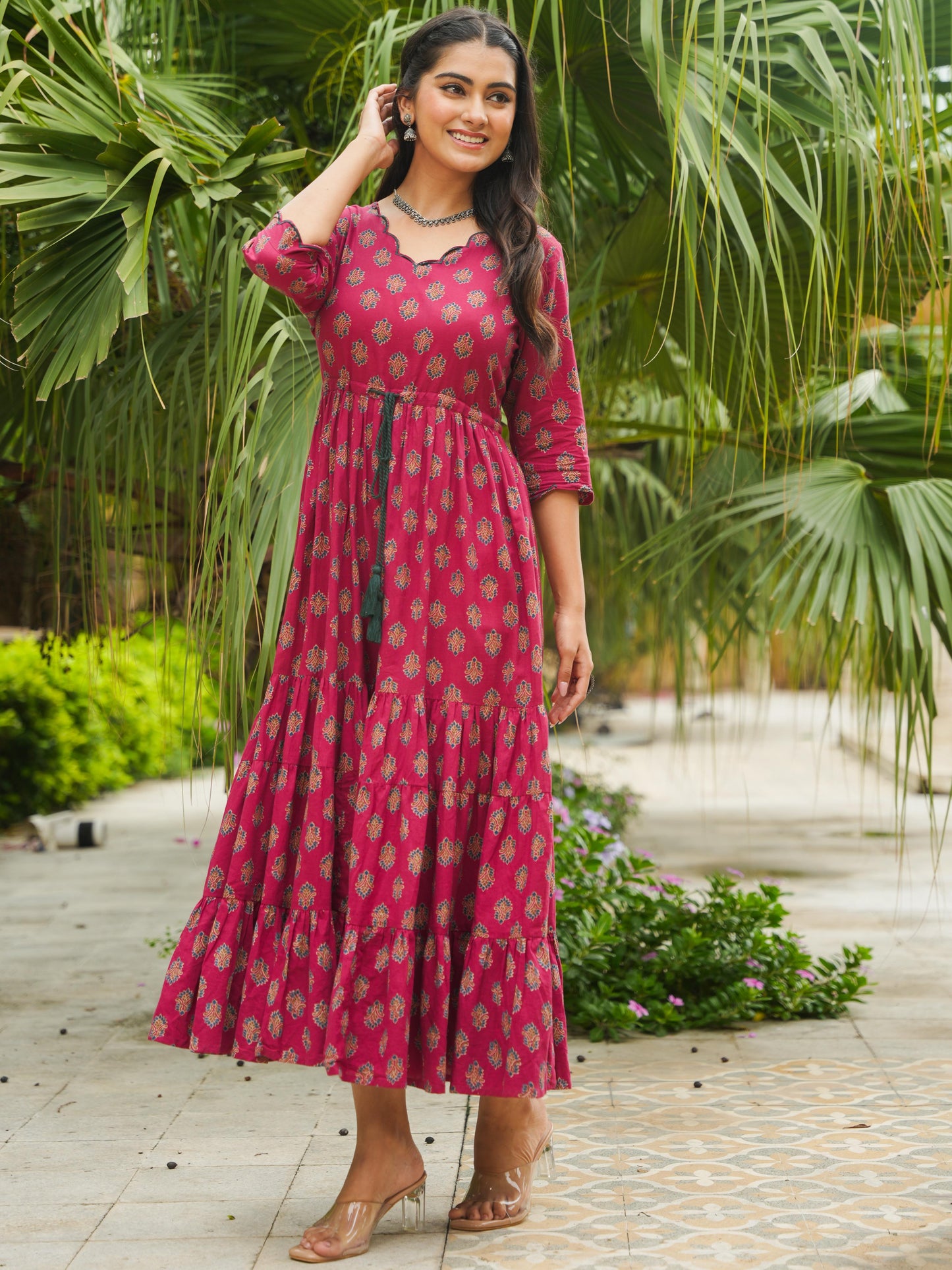 Embroidered Soft Cotton Floral Tiered Maroon Dress