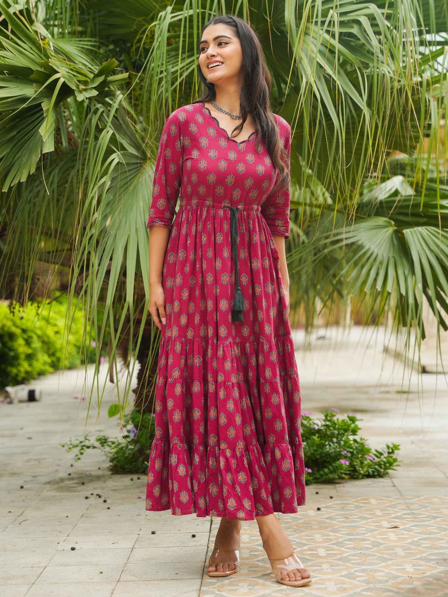 Embroidered Soft Cotton Floral Tiered Maroon Dress