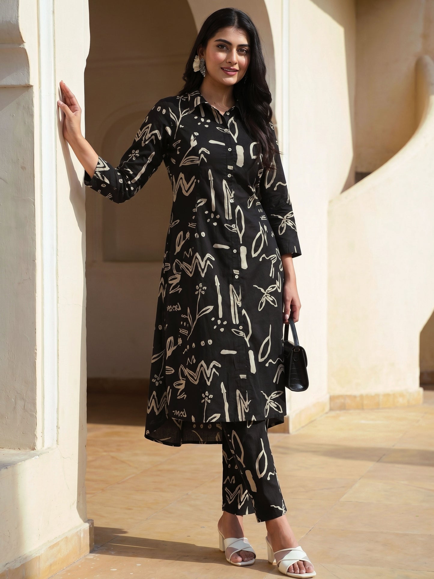 Soft Cotton Abstract High Low Black Kurta