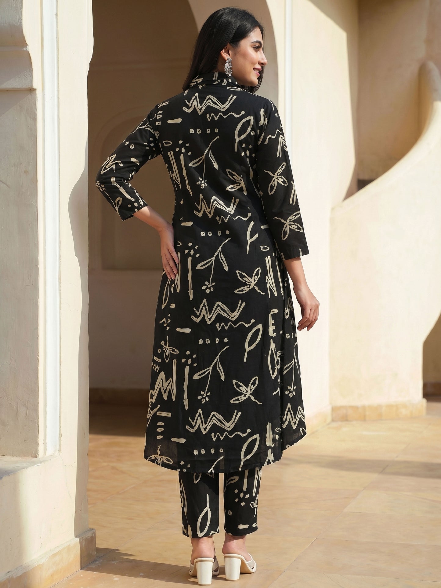 Soft Cotton Abstract High Low Black Kurta