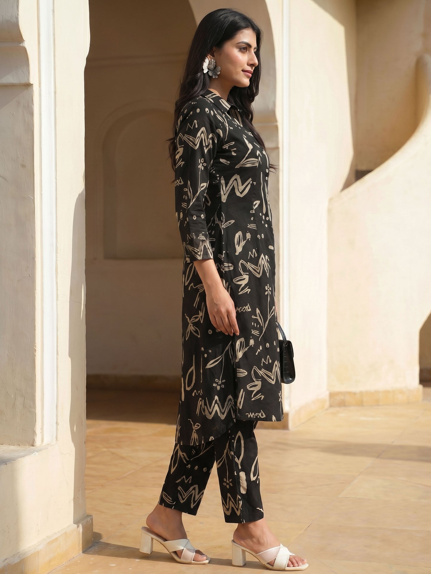 Soft Cotton Abstract High Low Black Kurta