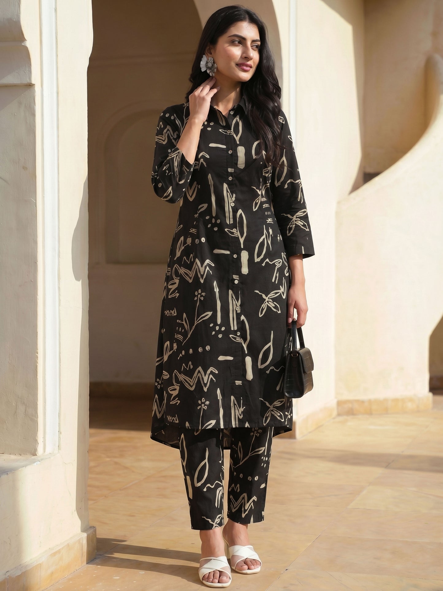 Soft Cotton Abstract High Low Black Kurta