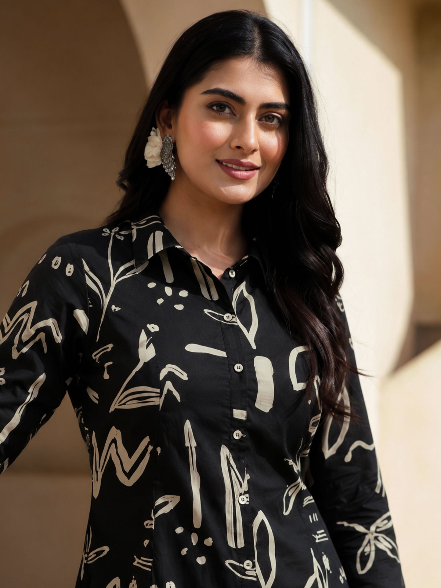 Soft Cotton Abstract High Low Black Kurta