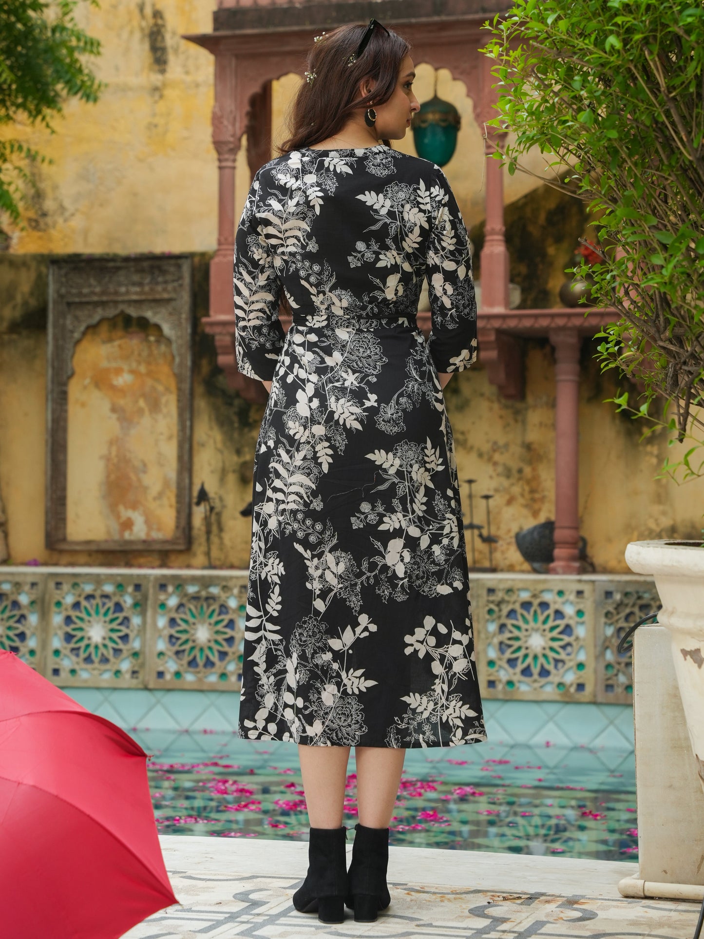 Soft Cotton Floral High Low Black Dress
