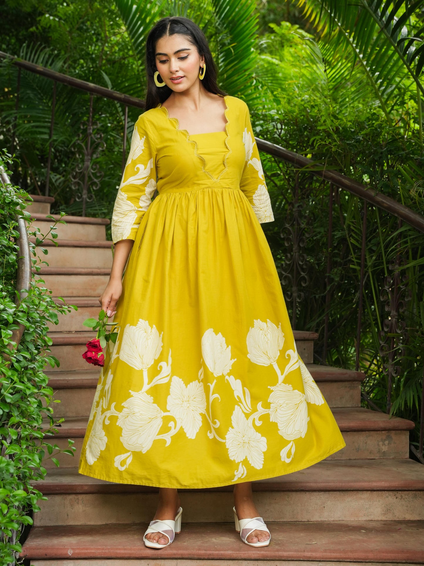 Embroidered Soft Cotton Placement Print Flared Lemon Yellow Dress