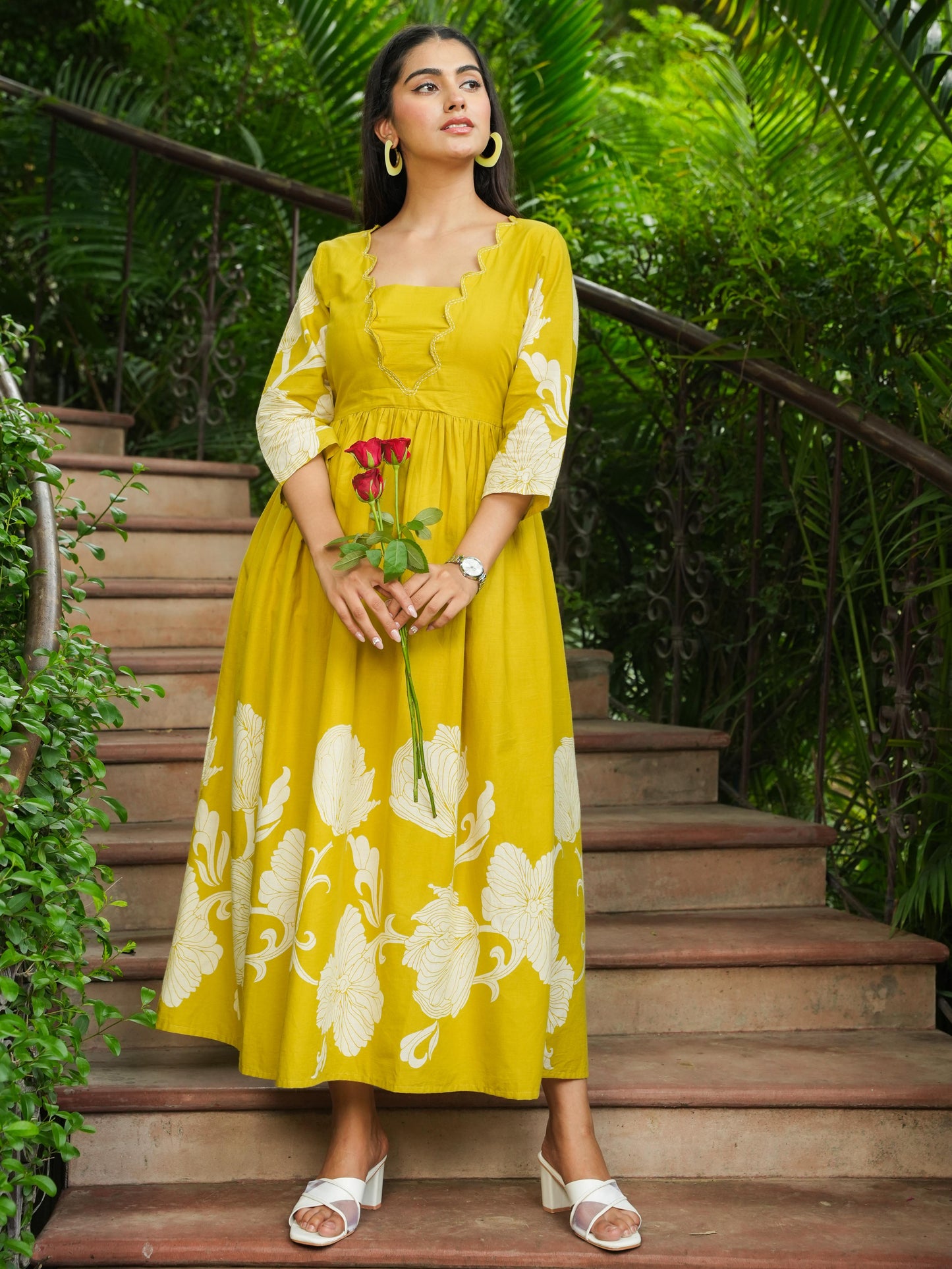 Embroidered Soft Cotton Placement Print Flared Lemon Yellow Dress