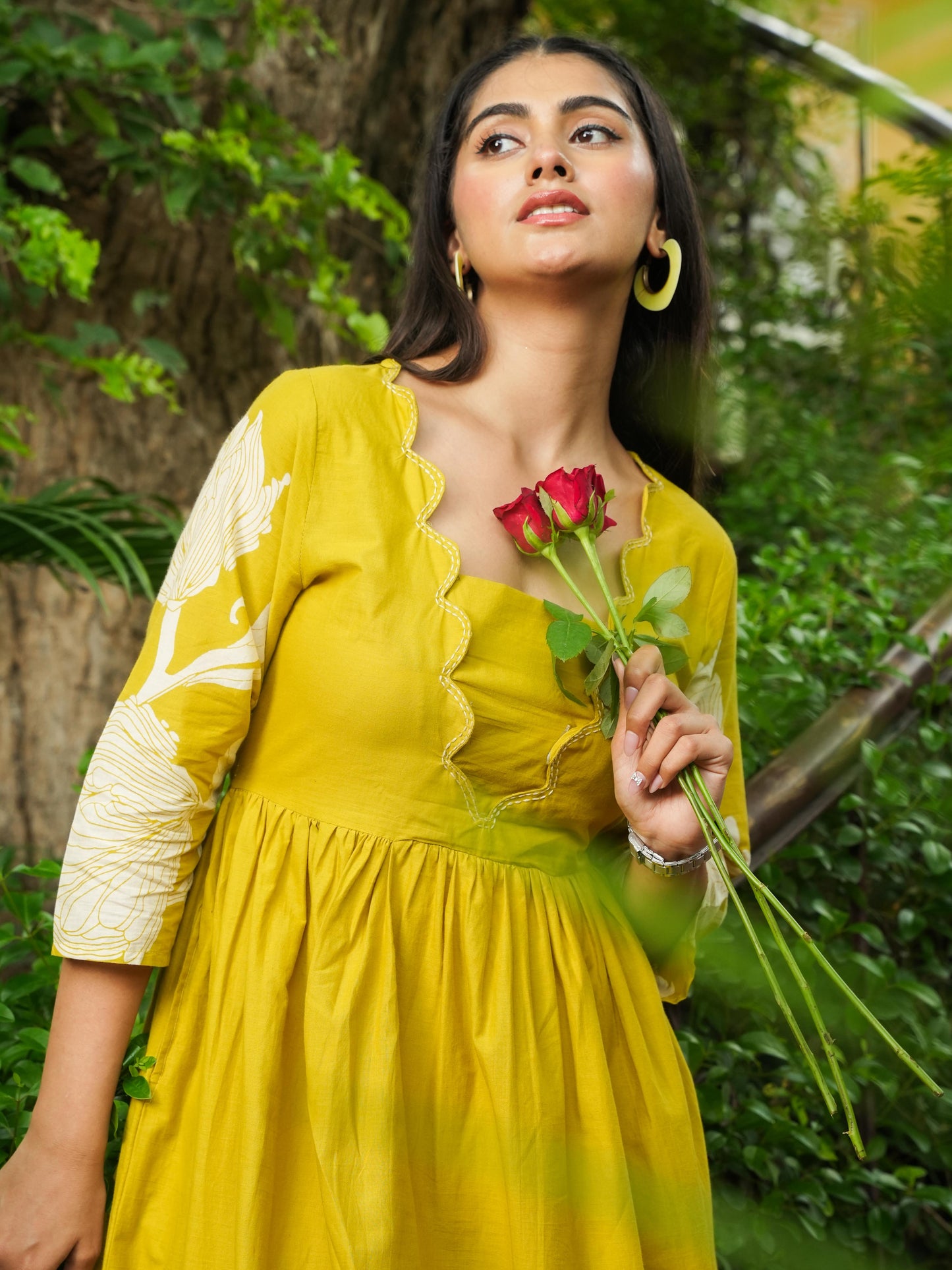 Embroidered Soft Cotton Placement Print Flared Lemon Yellow Dress