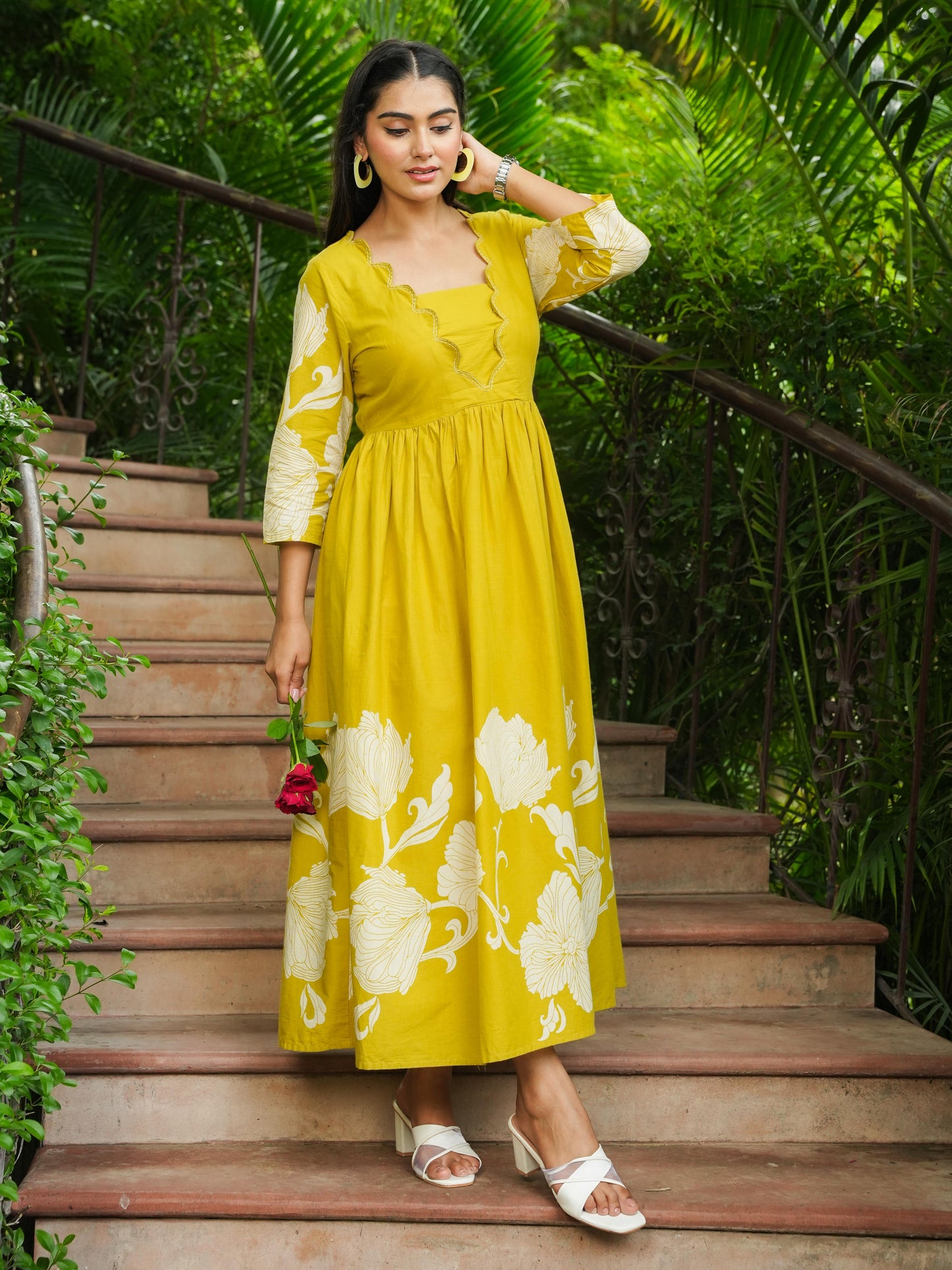 Embroidered Soft Cotton Placement Print Flared Lemon Yellow Dress